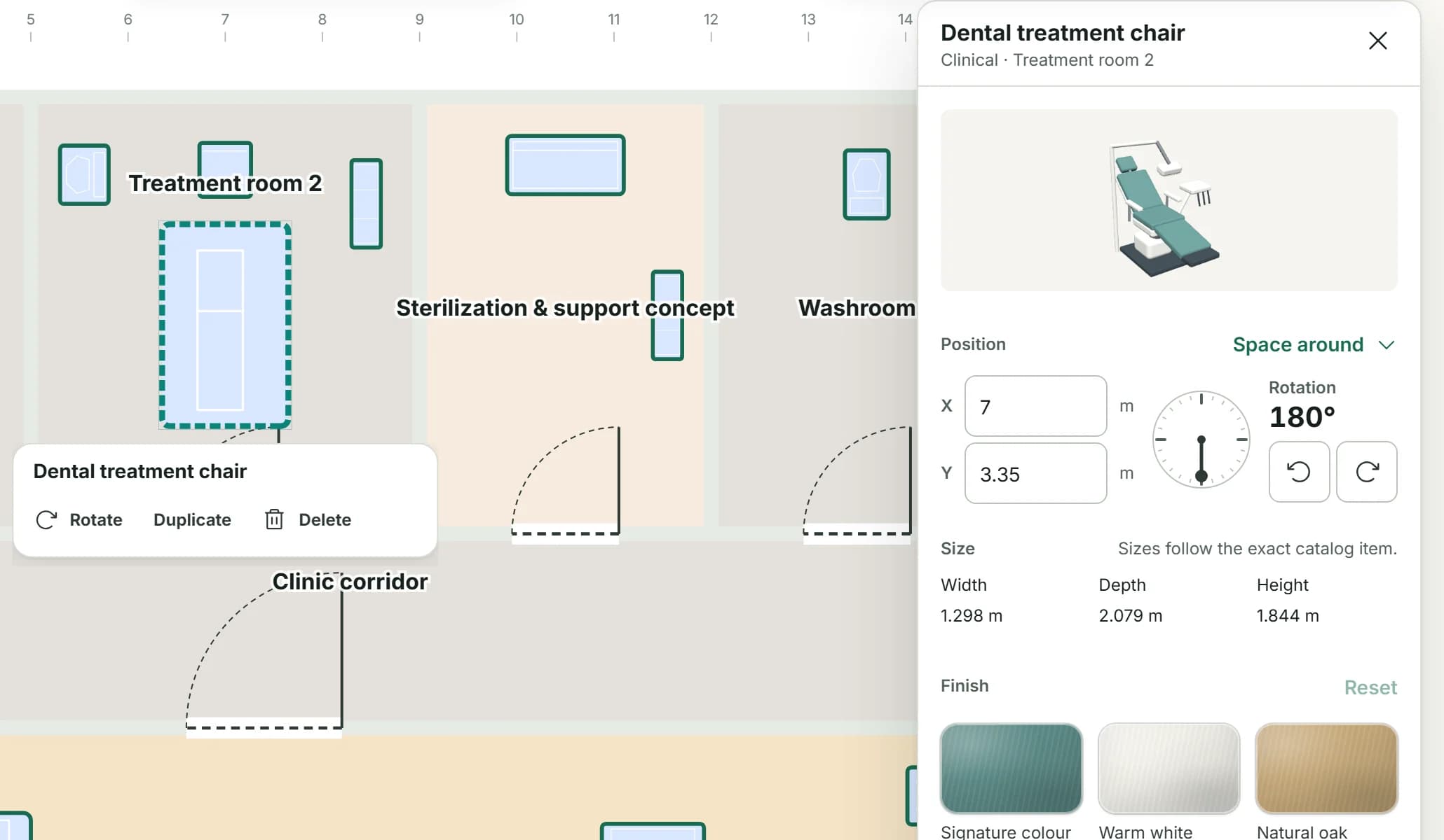 The item card of the dental treatment chair beside the plan: its X and Y position, a rotation dial at 180 degrees, and its width 1.298 m, depth 2.079 m and height 1.844 m