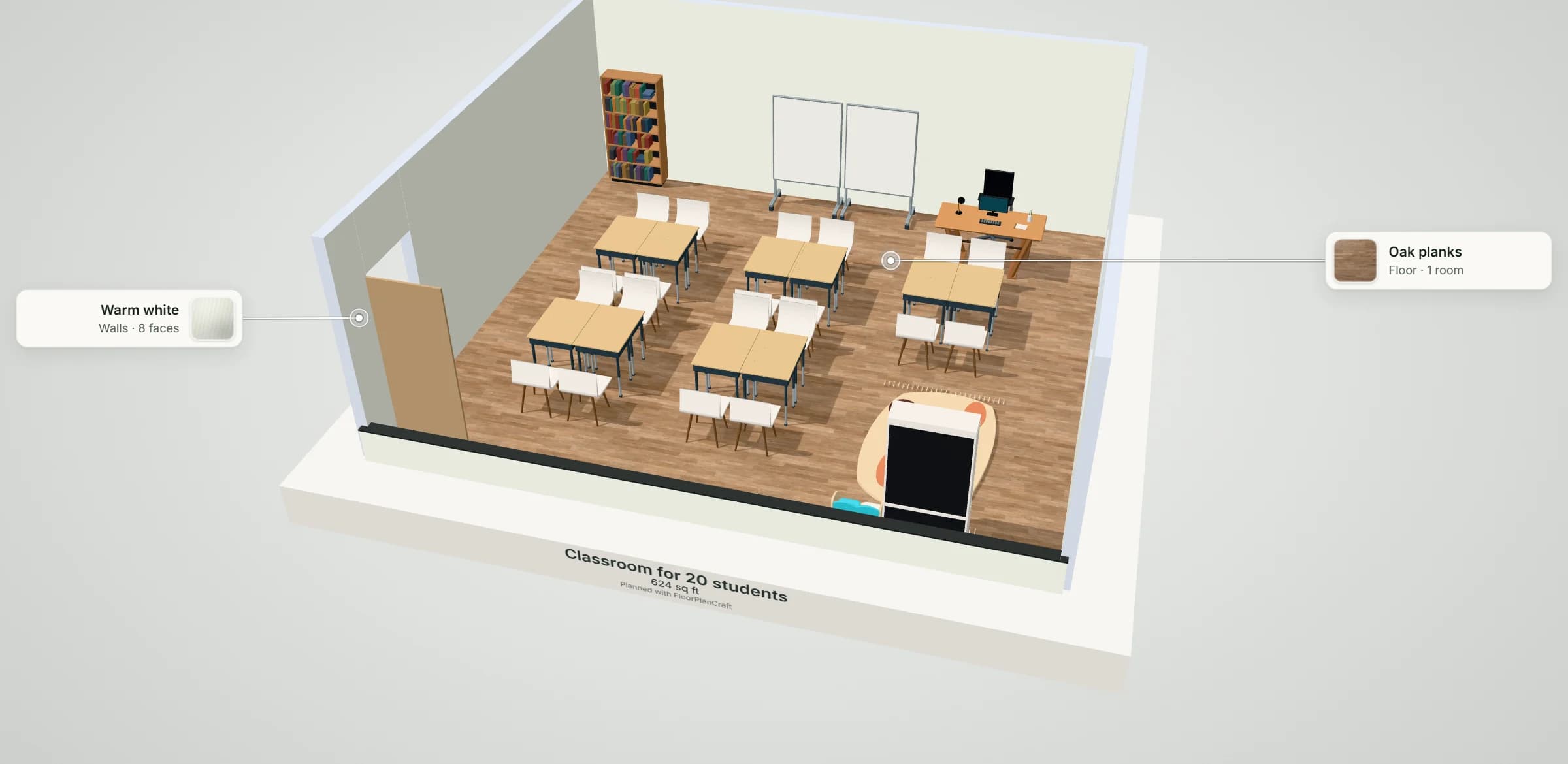 3D model of the classroom for 20 students: 20 desks with chairs in groups of four facing two teaching boards, the teacher's desk at the front, with its floor and wall finishes labelled