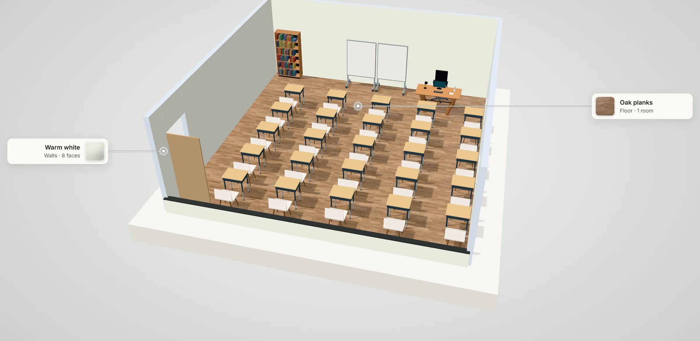 3D model of the classroom for 25 students: 25 desks with chairs in rows of single desks facing two teaching boards, the teacher's desk at the front, with its floor and wall finishes labelled
