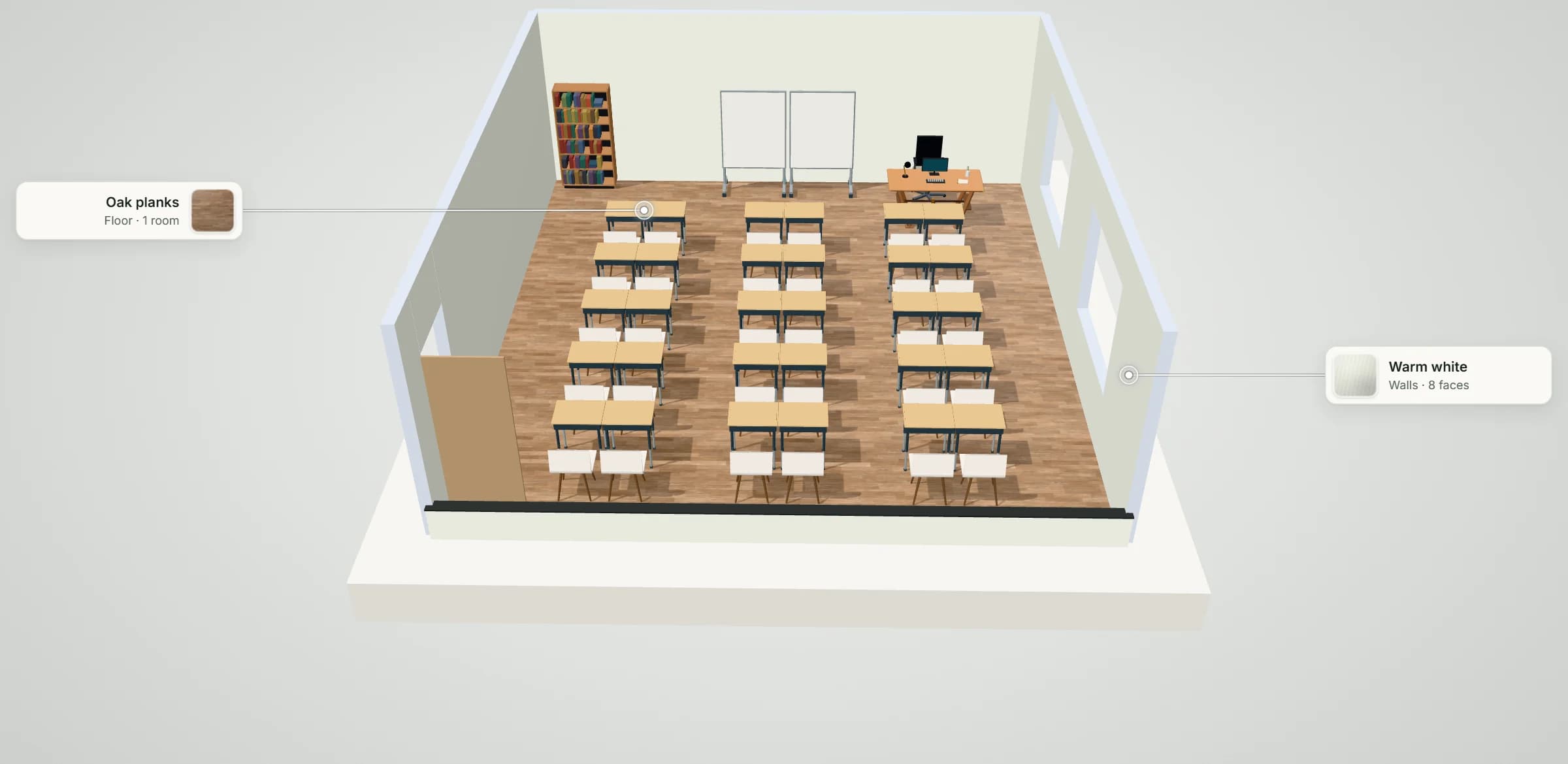 3D model of the classroom for 30 students: 30 desks with chairs in pairs of desks facing two teaching boards, the teacher's desk at the front, with its floor and wall finishes labelled