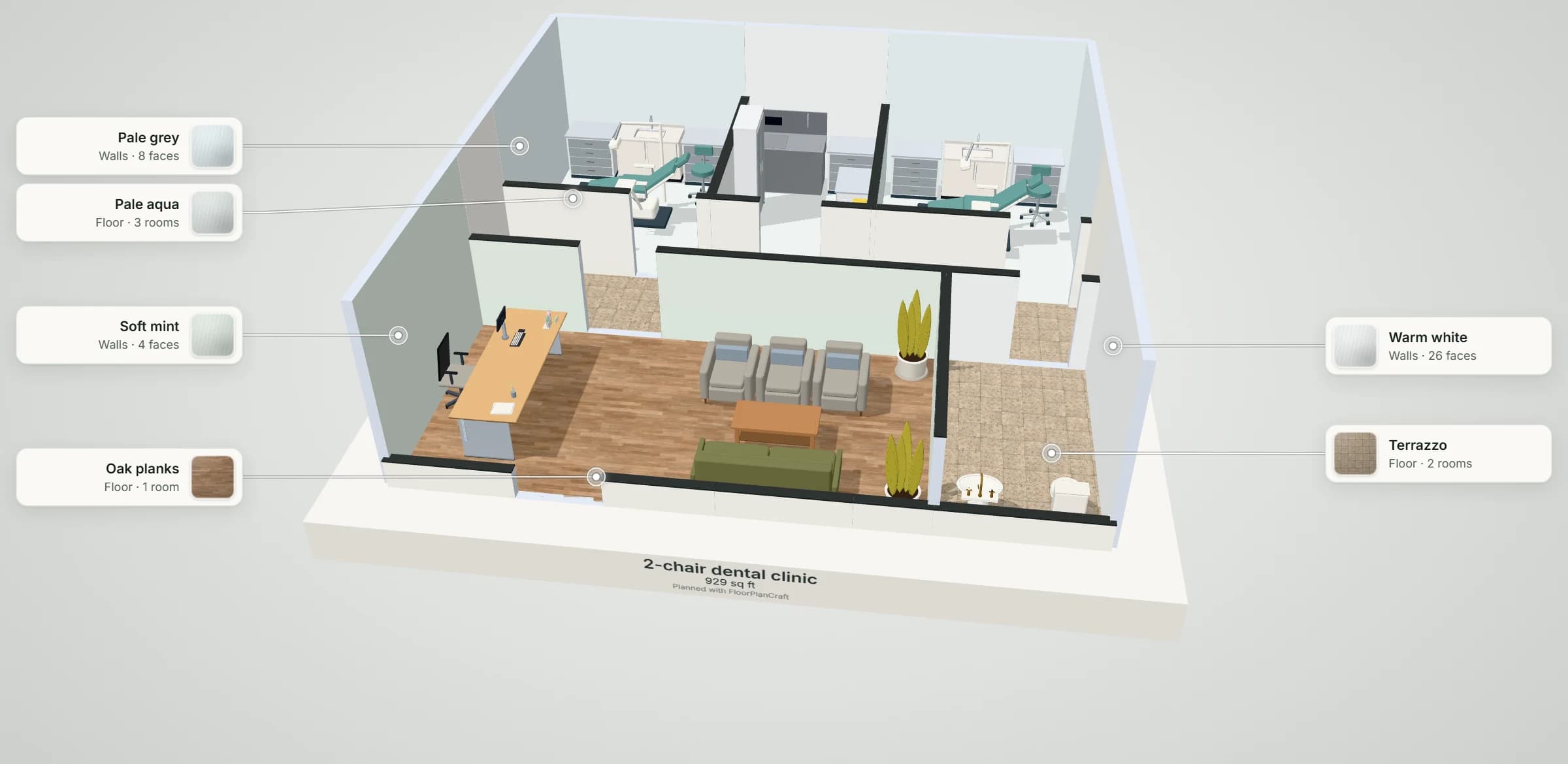 3D model of the 2-chair dental clinic plan: 2 treatment rooms with a dental chair and cabinetry each, sterilization, a corridor, and a waiting room with a reception counter and one sofa group, with its floor and wall finishes labelled