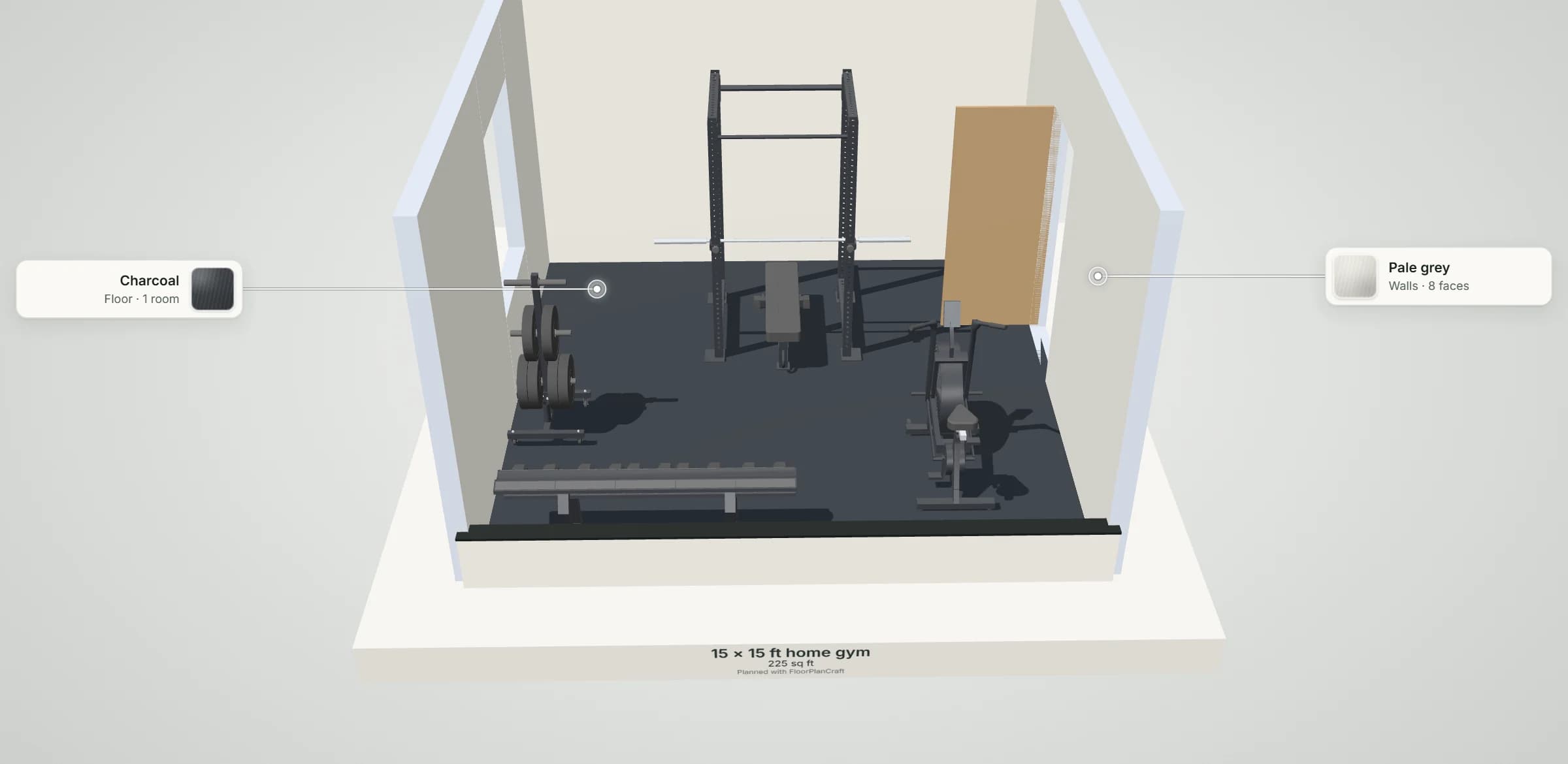 3D model of the 15 × 15 ft home gym layout: power rack, flat bench, air bike, dumbbell rack and plate tree on a dark rubber floor, with its floor and wall finishes labelled