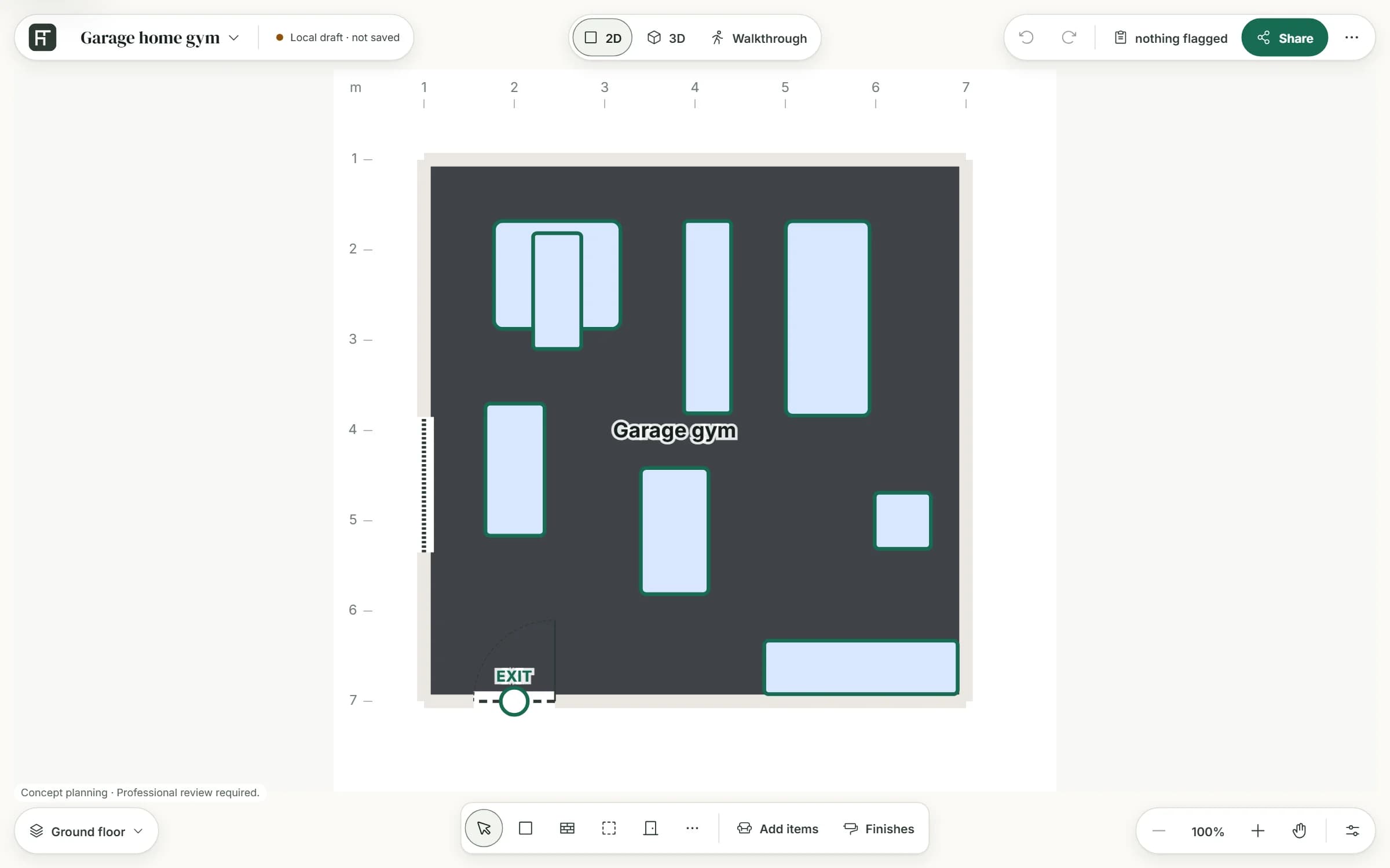 The garage home gym template in the planner's 2D view: the power rack with its flat bench, the rower and the treadmill along the top wall, the adjustable bench under the window on the left, the air bike in the middle, the plate tree on the right, the dumbbell rack along the bottom wall and the door at the bottom left