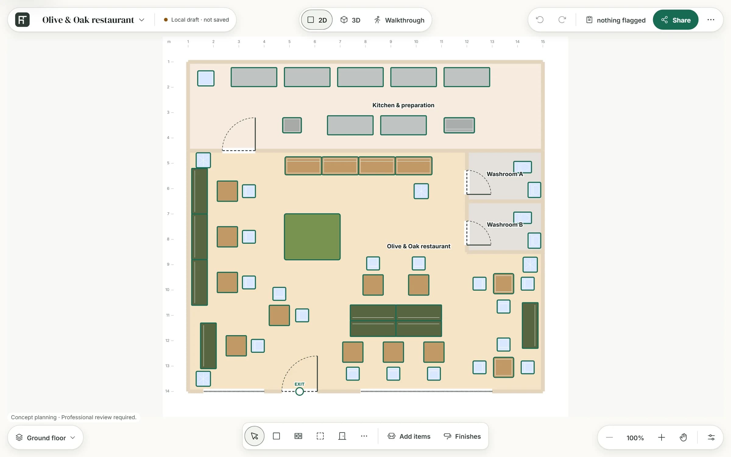 The restaurant template in the planner's 2D view: a kitchen with preparation tables along the top, a dining room with banquettes, oak tables, chairs and a planter, and two washrooms on the right