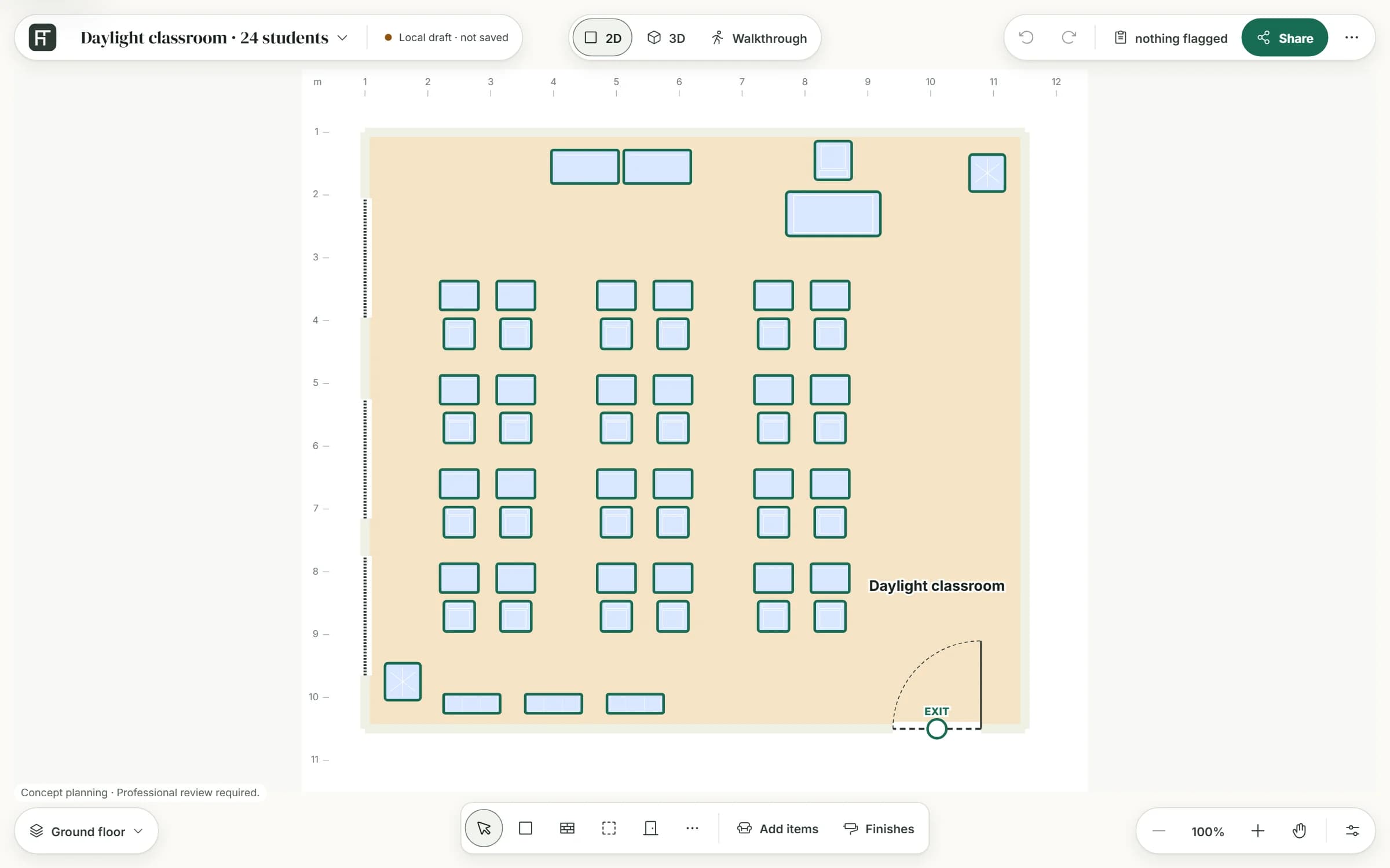 The classroom template in the planner's 2D view: two teaching boards and a teacher's desk at the top, twelve pairs of pupil desks with chairs in four rows, bookshelves along the bottom wall, windows down the left wall and the door at the bottom right