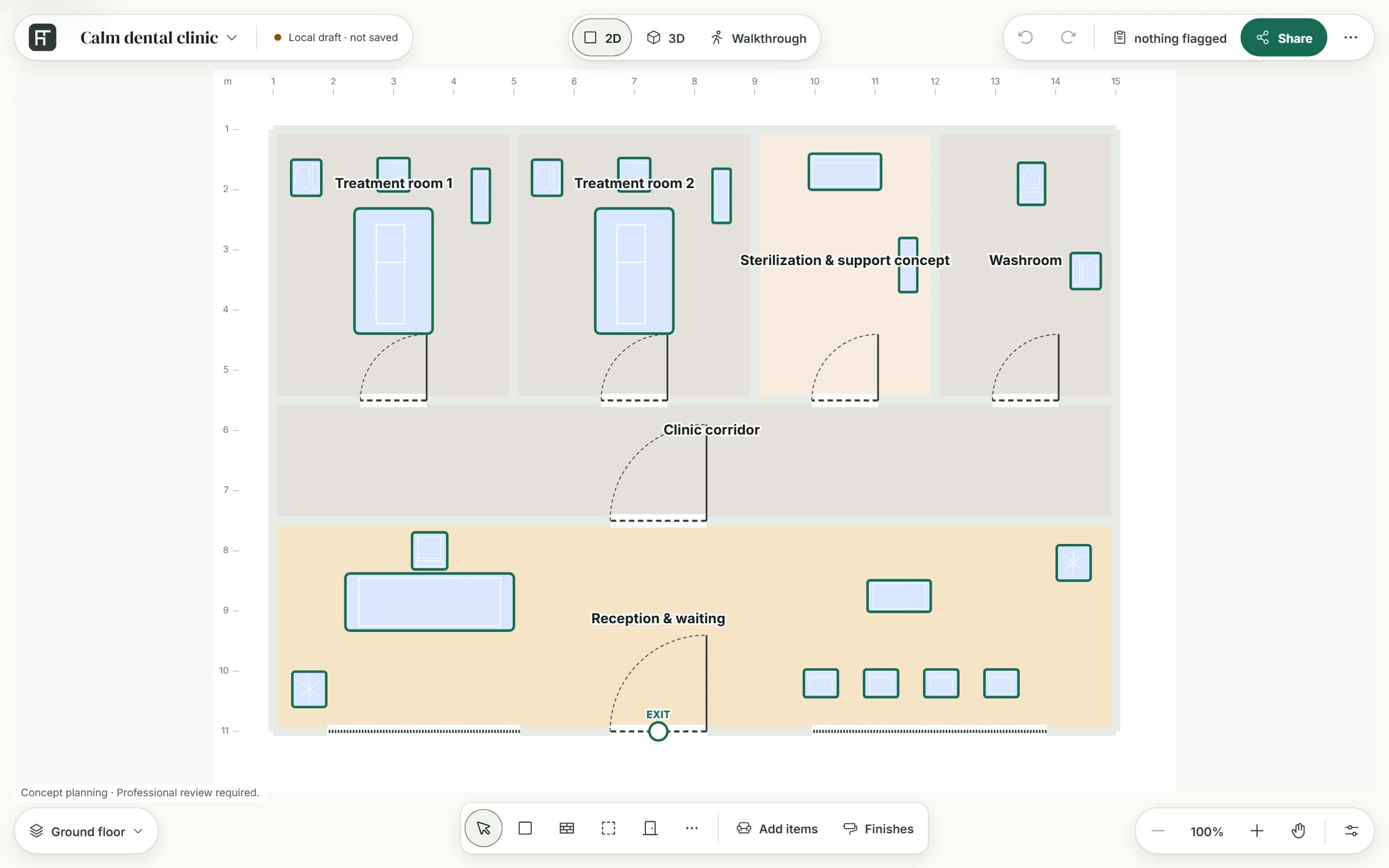 The dental template in the planner's 2D view: two treatment rooms with a chair, stool, basin and shelf each, a sterilization and support room, a washroom, a corridor and a reception with a desk and waiting chairs