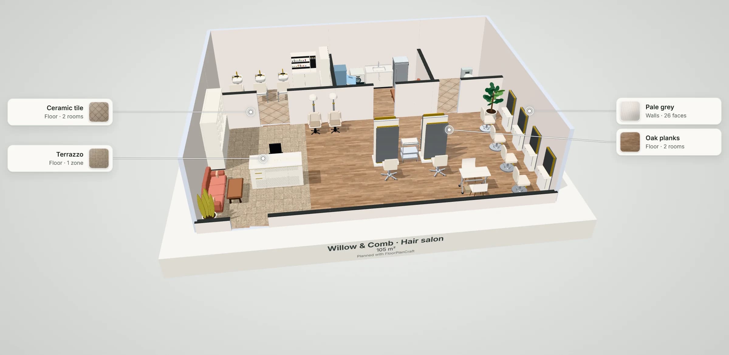 3D model of the Willow & Comb hair salon template: reception and a retail wall by the entrance, a waiting sofa, four wall styling stations and two island stations with their chairs, two hood dryers, a manicure table, and behind them a backwash room with three shampoo units, a staff room and a washroom, with labels naming the floor and wall finishes