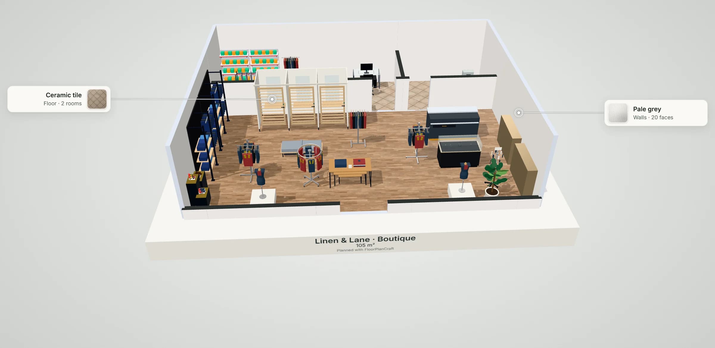 3D model of the Linen & Lane boutique template: dress forms in the display windows, a nesting table by the entrance, hang-rail wall runs and glass wall vitrines, garment racks with aisles round them, a jewellery vitrine, a cash wrap facing the floor, three fitting cabins with a waiting bench, and a stockroom and staff washroom behind, with labels naming the floor and wall finishes