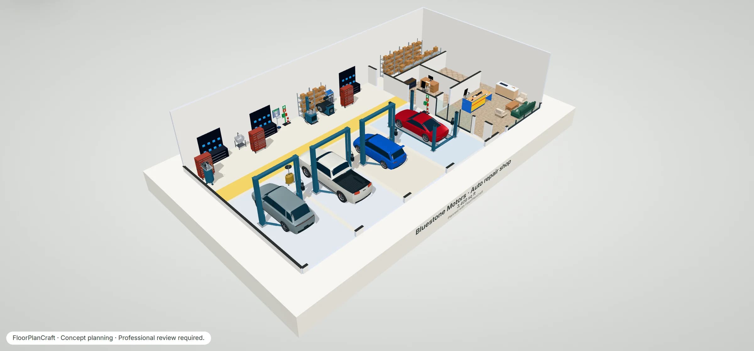 3D model of the Bluestone Motors auto repair shop template: four service bays behind sectional overhead doors with customer cars on two-post lifts and a four-post lift, a marked walkway past the tool benches, tool chests, tire machines and compressor at the back, a parts room, an office, a washroom and a waiting room with the service counter, coffee and seating