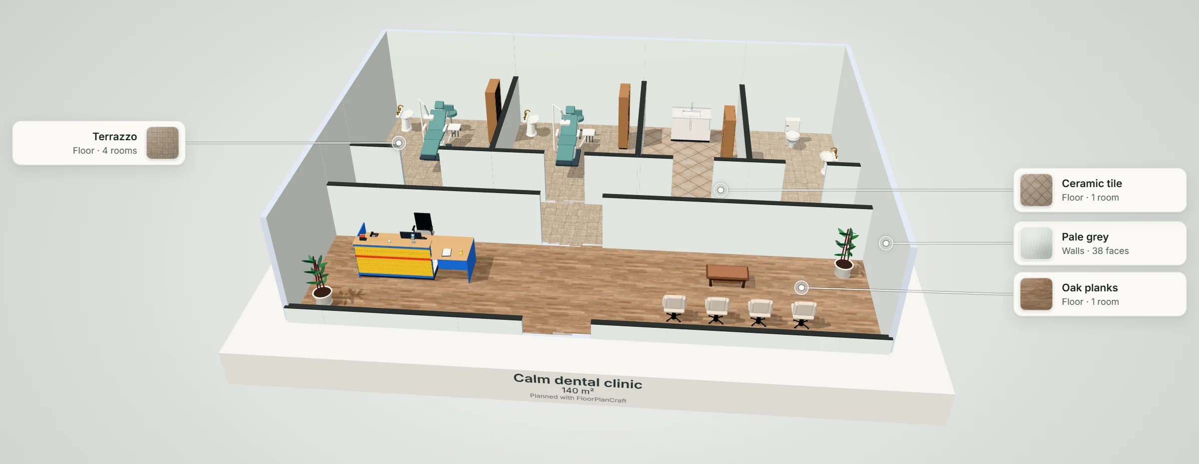 3D model of the Calm dental clinic template: two treatment rooms with teal dental chairs, stools and basins, a sterilization and support room, a washroom, a corridor and a reception with a desk and four waiting chairs, with labels naming the floor and wall finishes
