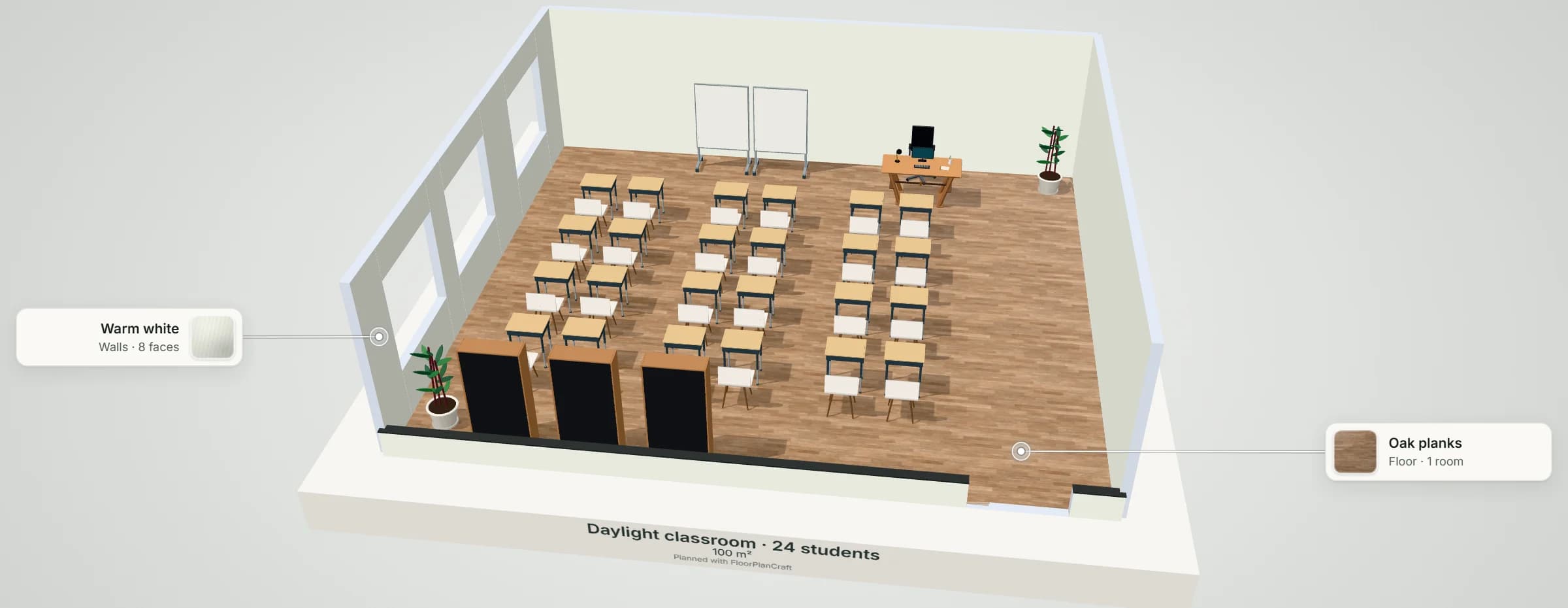 3D model of the Daylight classroom template: pairs of pupil desks with shell chairs in four rows facing two teaching boards, a teacher's desk at the front, bookshelves along the back wall and tall windows down one side, with labels naming the floor and wall finishes