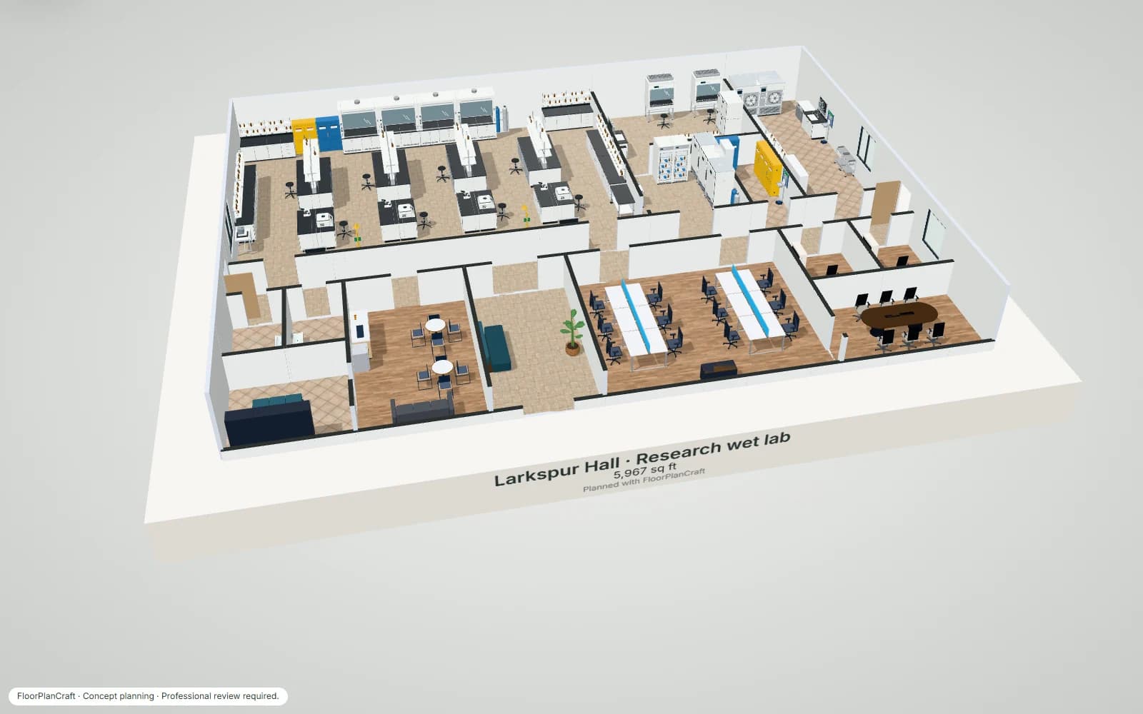 3D model of the Larkspur Hall research wet lab template: an open lab of four island benches on 11 ft modules between perimeter benches, a bank of fume hoods on the back wall, lab sinks with eyewashes and emergency showers by the doors, a tissue culture room with two biosafety cabinets, an equipment room of freezers, chemical storage, a glass wash and autoclave room, and a write-up room, offices and a break room across the corridor