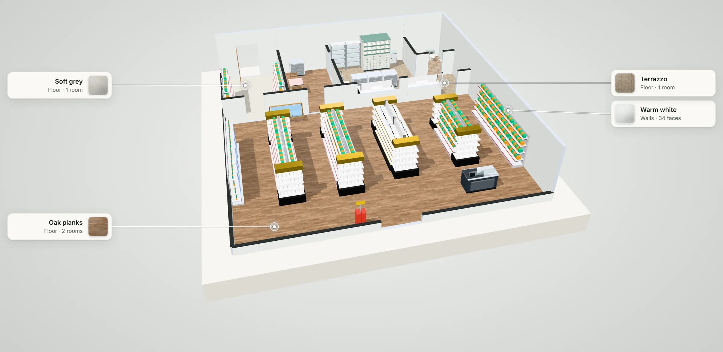 3D model of the Elm Street Pharmacy template: a dispensary across the back with drop-off and pick-up counters behind two windows, drawer and bin storage, pill racks, a filling bench, a sink and a medicine fridge; a consultation room with doors to the dispensary and the shop; a waiting bench; four OTC gondola runs with endcaps, cosmetics and health walls, and the checkout by the entrance, with labels naming the floor and wall finishes
