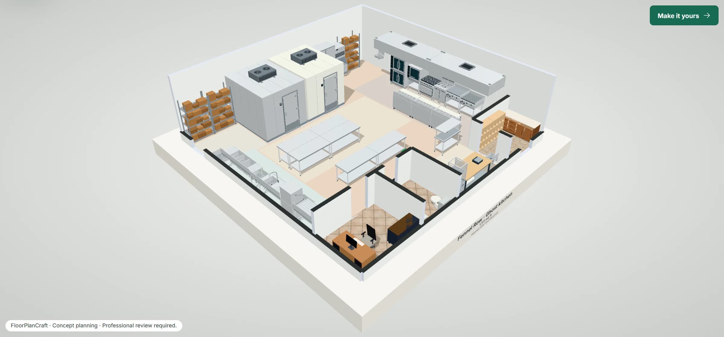 3D model of the Fennel Row ghost kitchen template: dry store shelving, a walk-in cooler and freezer, a reach-in and an ice machine along the back wall, a prep island and portioning tables, a cook line under two wall canopy hoods with refrigerated prep tables across the aisle, pot and dish wash on the left wall, a packing bench, the drivers' pickup lobby with order cubbies, an office and a staff washroom