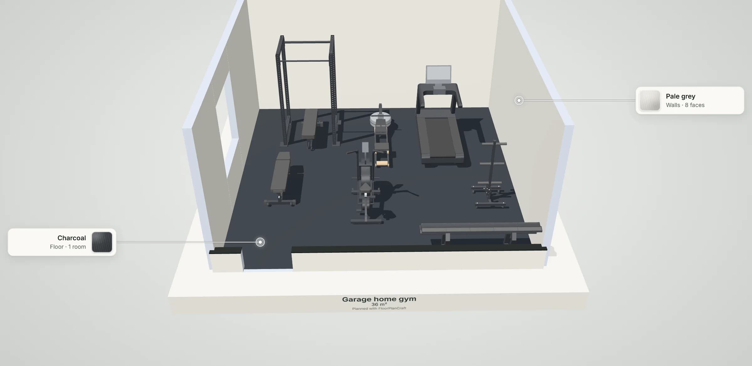 3D model of the garage home gym template: a black power rack with a flat bench in it, a rower and a treadmill along the back wall, an adjustable bench and an air bike in the middle, a plate tree on the right and a dumbbell rack by the front wall, with labels naming the floor and wall finishes