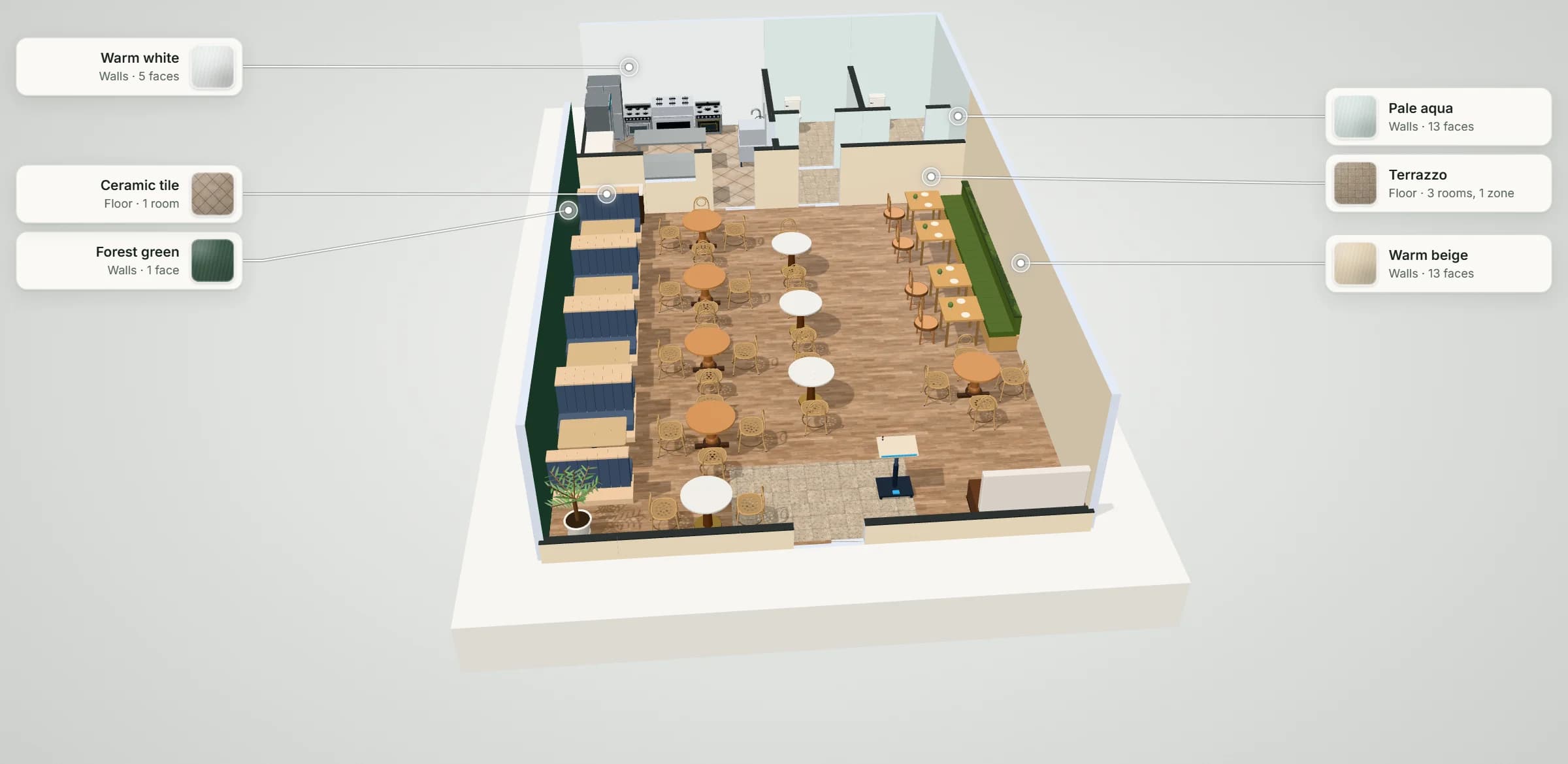 3D model of the 1,500 sq ft restaurant plan: booths, round and marble tables and a host stand in the dining room, a kitchen with a pass and two washrooms across the back, with its floor and wall finishes labelled
