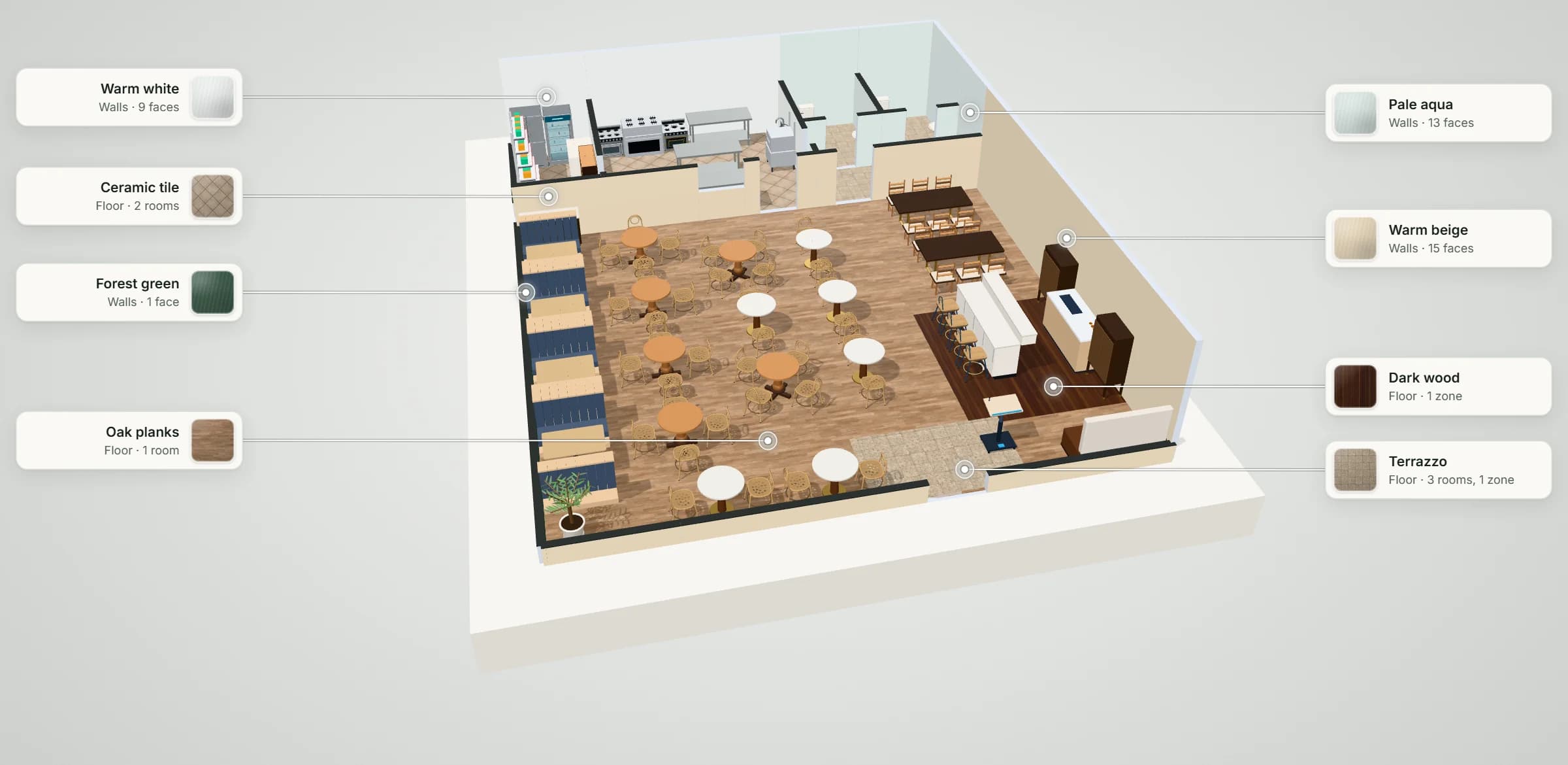 3D model of the 2,000 sq ft restaurant plan: booths, round and marble tables, a bar and a host stand in the dining room, a kitchen with a pass and two washrooms across the back, with its floor and wall finishes labelled