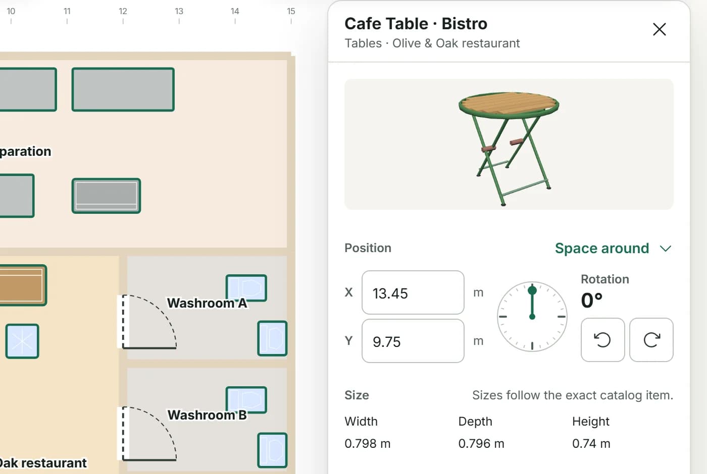 The item card for a bistro table: its X and Y position, a rotation dial at 0 degrees with turn buttons, and its width, depth and height