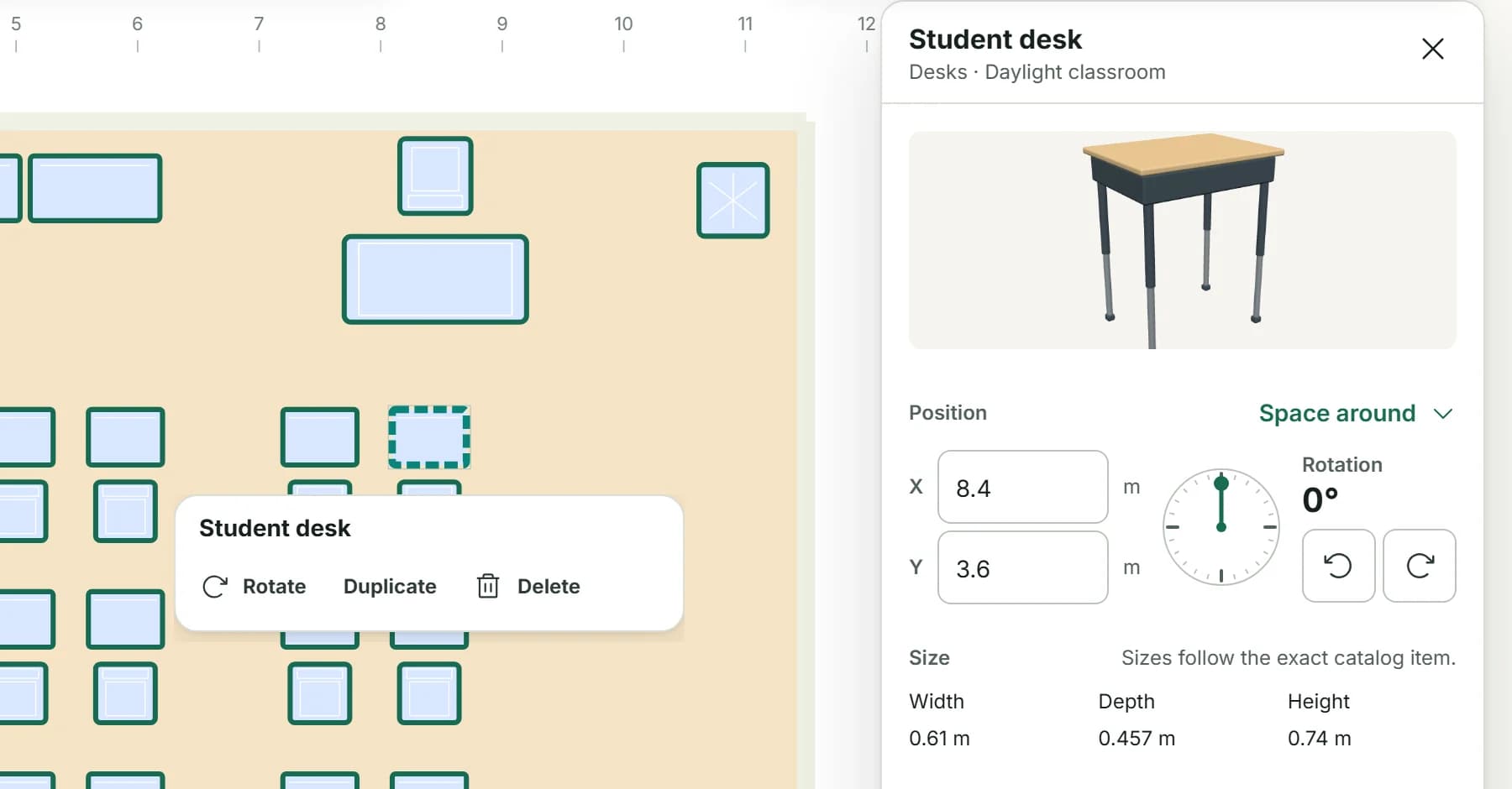 A pupil desk selected in 2D with its Rotate, Duplicate and Delete toolbar, and its item card: X and Y position, a rotation dial at 0 degrees with turn buttons, and its width, depth and height