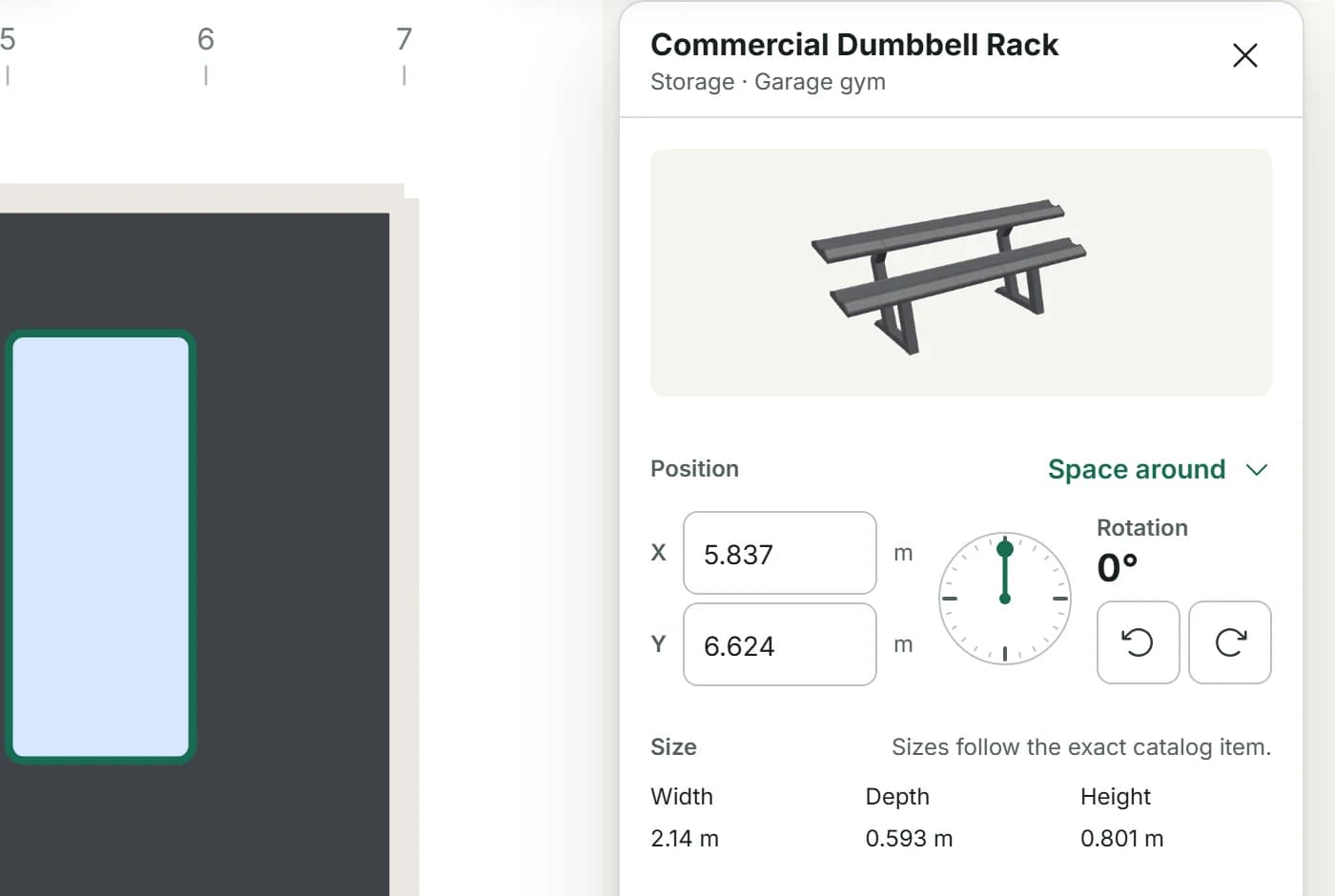 The item card for the REP commercial dumbbell rack beside the plan: its X and Y position, a rotation dial at 0 degrees with turn buttons, and its width, depth and height