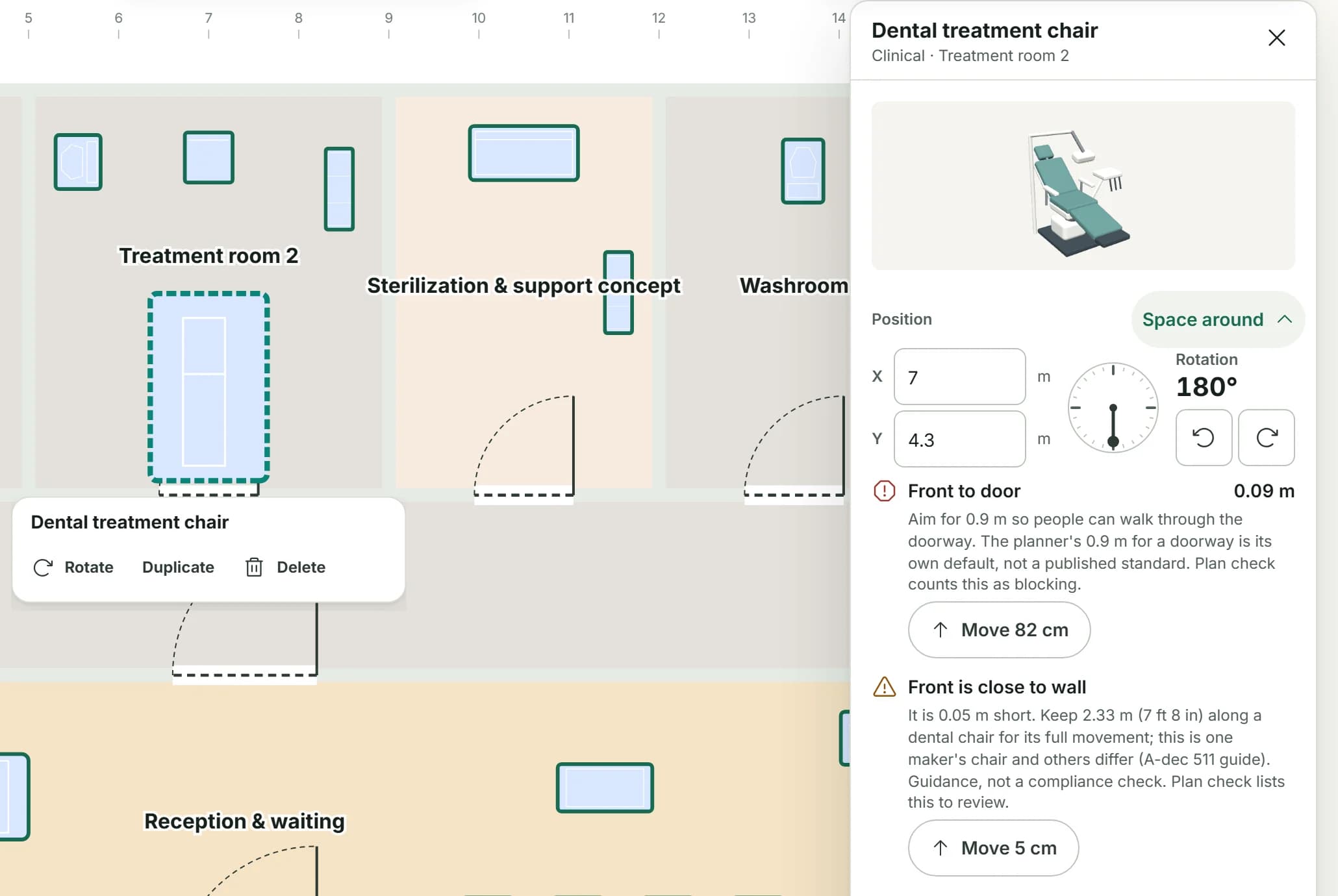Space around on a dental chair moved toward its doorway: a blocking problem says the front is 0.09 m from the door, and a warning says it is 0.05 m short of keeping 2.33 m along the chair for its full movement, from the A-dec 511 guide