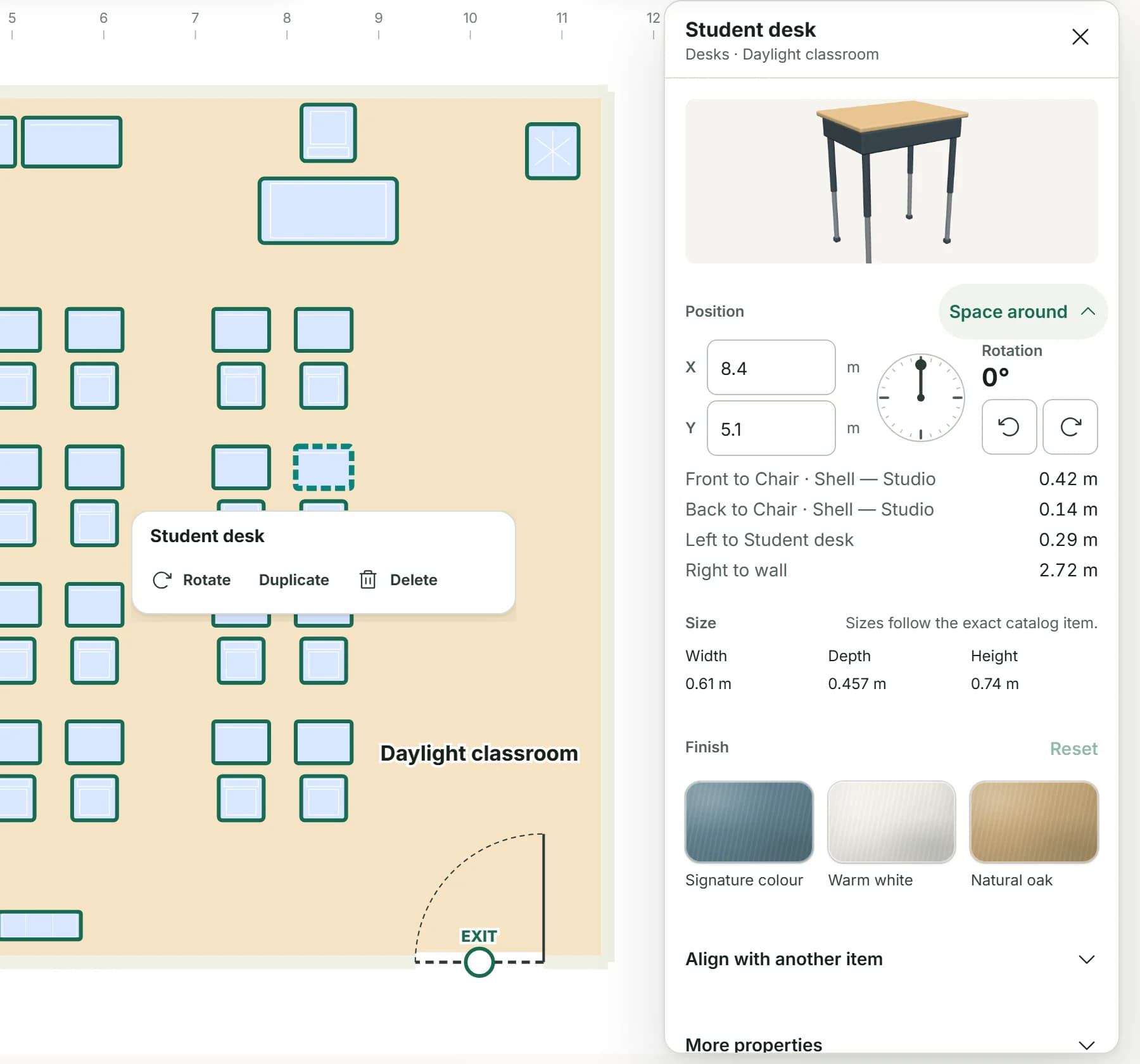 Space around on a pupil desk: 0.42 m in front to the chair of the desk ahead, 0.14 m behind to its own chair, 0.29 m to the other desk of its pair and 2.72 m to the wall