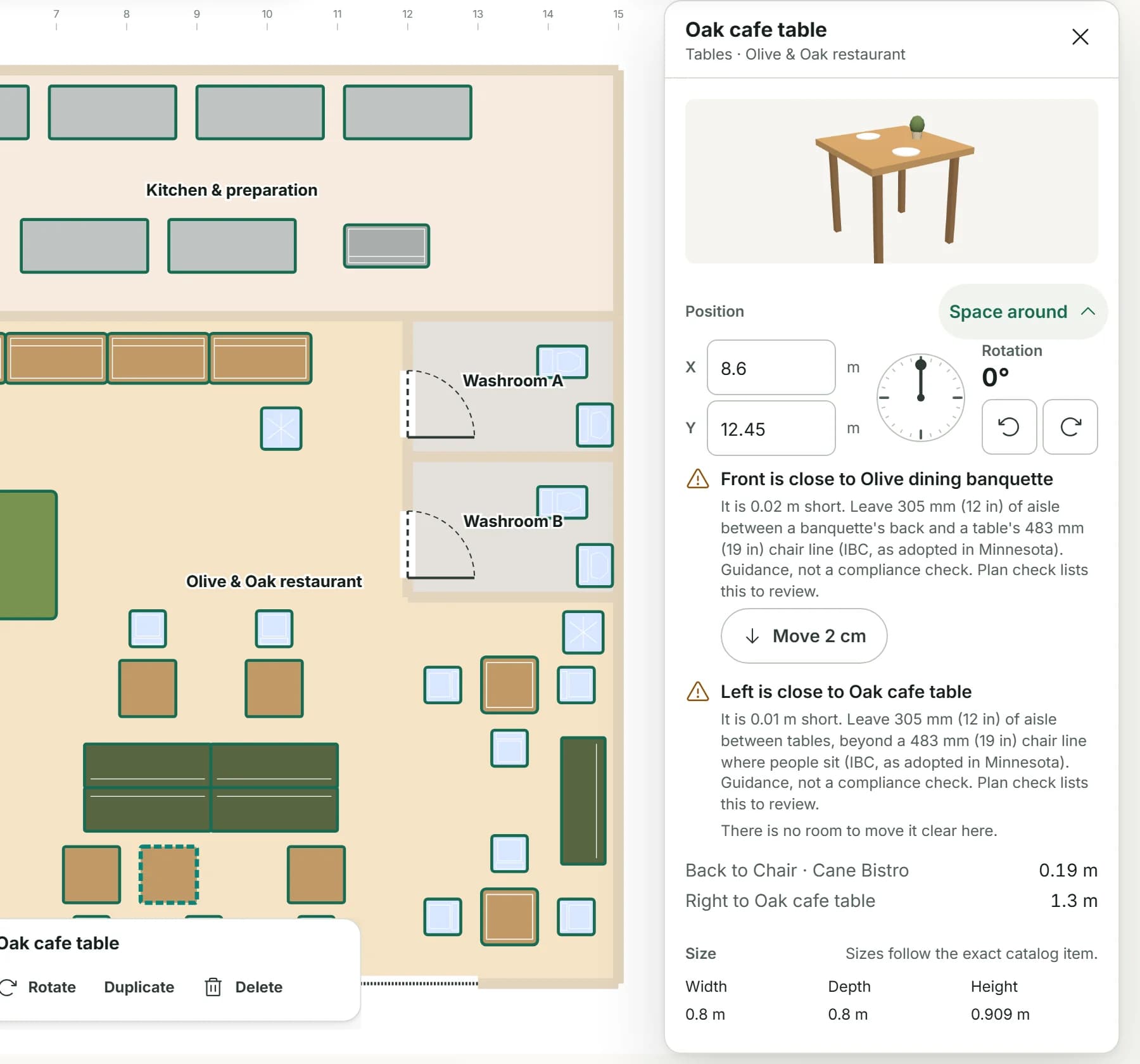Space around on an oak table moved close to its neighbours: two warnings say the gaps are 0.02 m and 0.01 m short of a 305 mm aisle accessway beyond a 483 mm chair line, with a button to move it 2 cm
