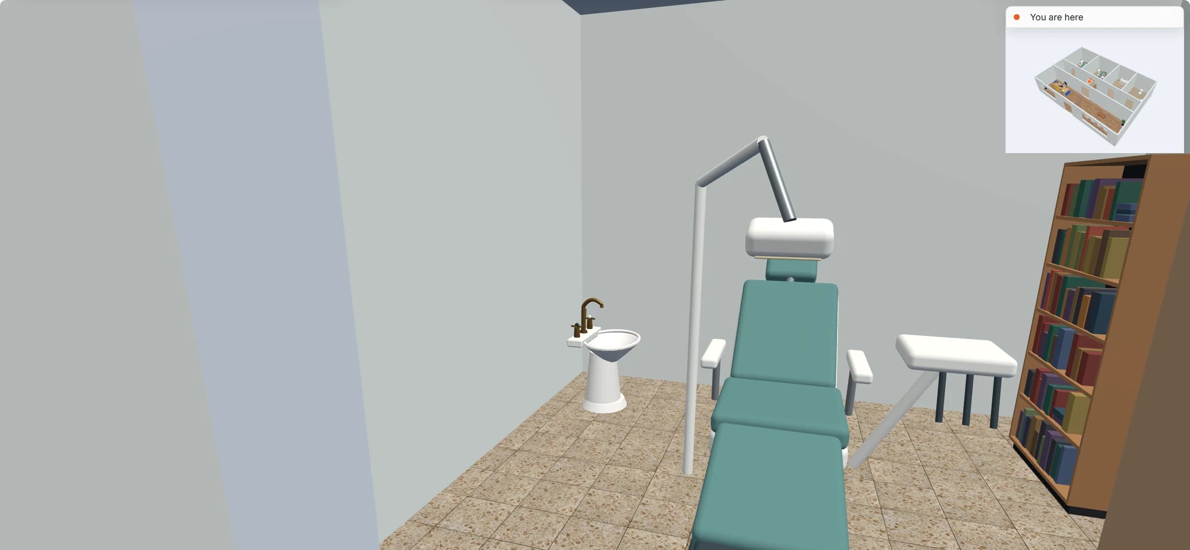 Walkthrough at eye height from the doorway of a treatment room: a teal dental chair with its light, a basin, an instrument tray and a bookshelf on a terrazzo floor, and a small overview map of the clinic