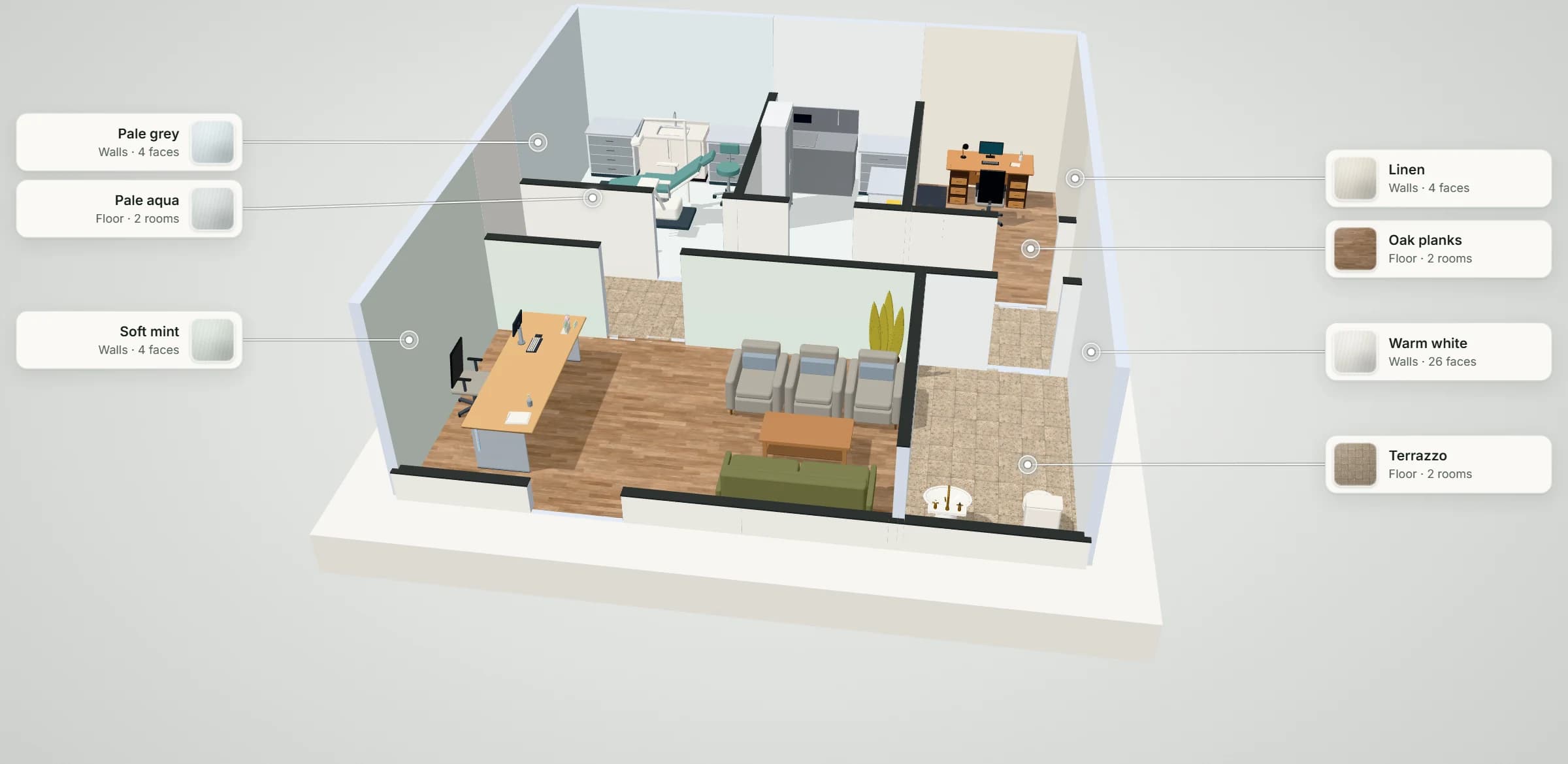 3D model of the 1-chair dental clinic plan: one treatment room with a dental chair and cabinetry each, sterilization, a corridor, and a waiting room with a reception counter and one sofa group, with its floor and wall finishes labelled