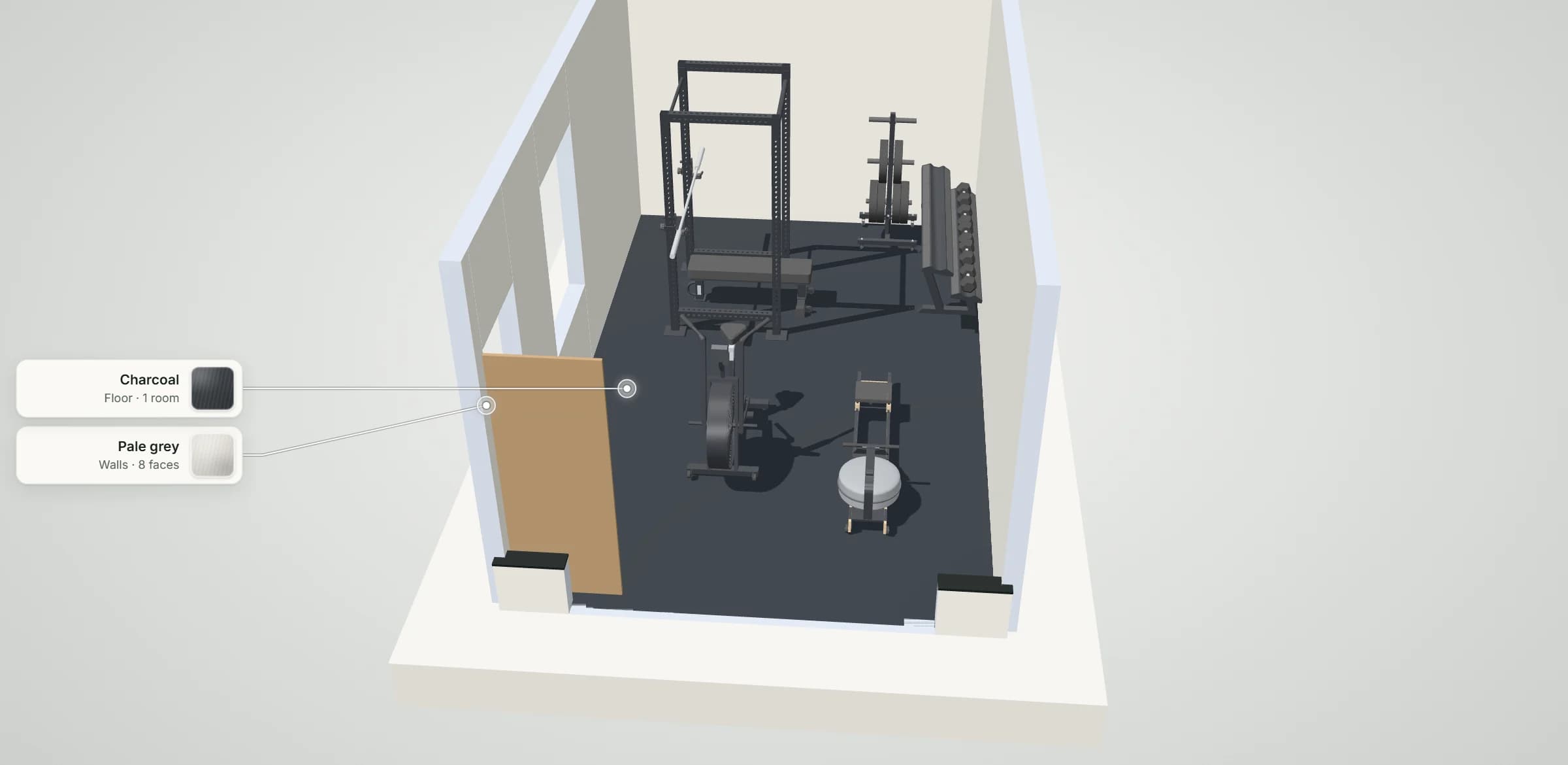 3D model of the 1-car garage gym layout: power rack, flat bench, plate tree, dumbbell rack, air bike and rower on a dark rubber floor, with its floor and wall finishes labelled