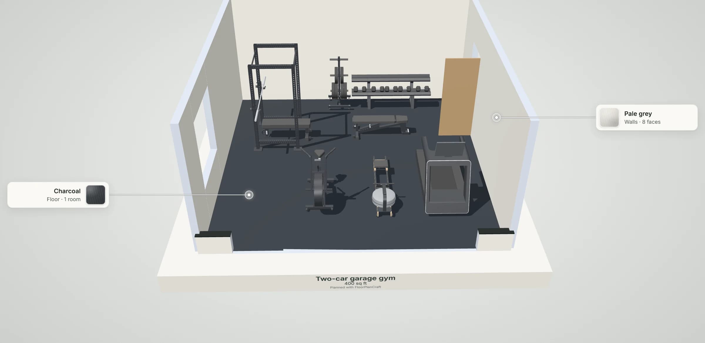3D model of the 2-car garage gym layout: power rack, flat bench, plate tree, dumbbell rack, adjustable bench, air bike, rower and treadmill on a dark rubber floor, with its floor and wall finishes labelled