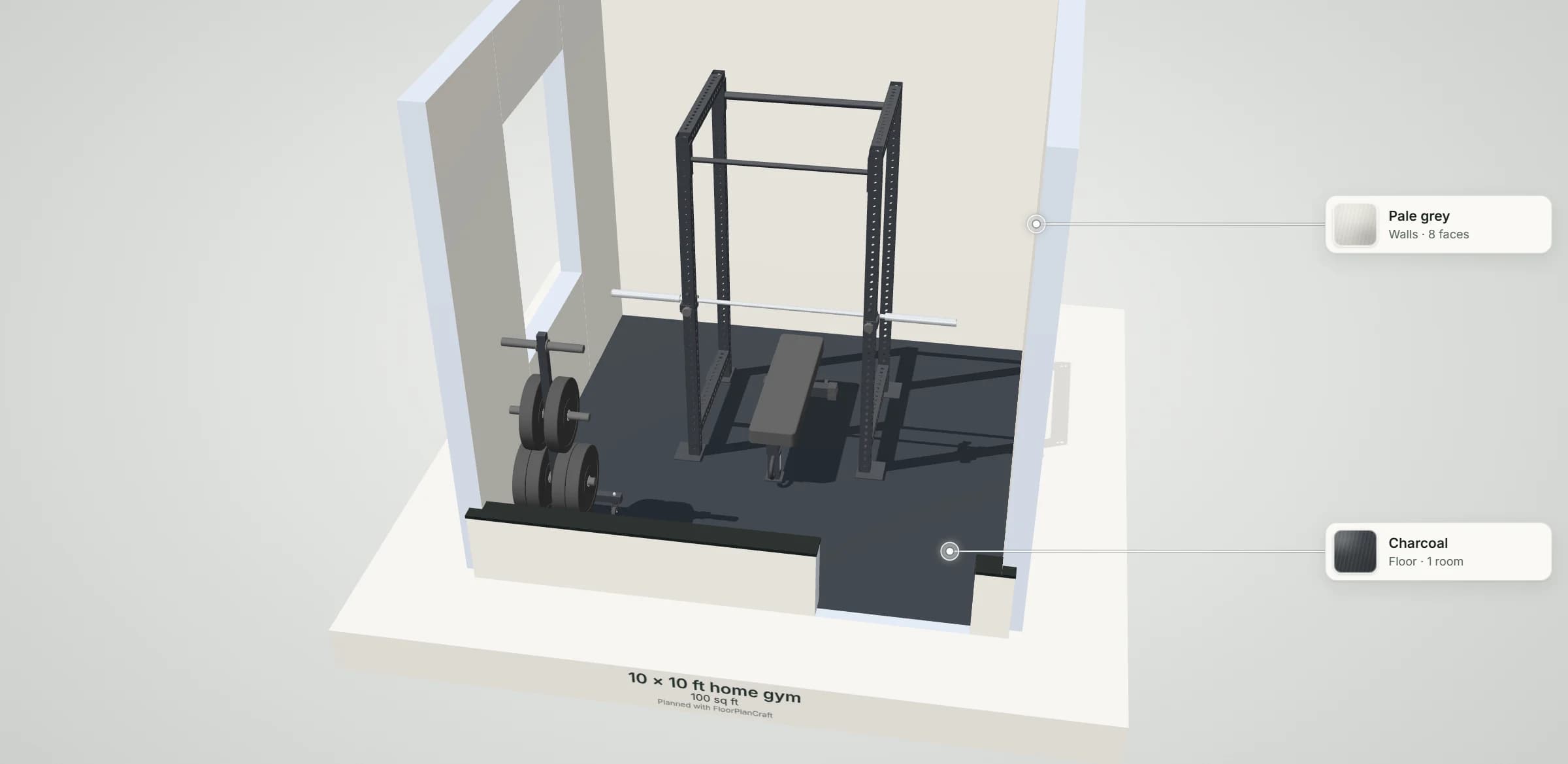 3D model of the 10 × 10 ft home gym layout: power rack, flat bench and plate tree on a dark rubber floor, with its floor and wall finishes labelled