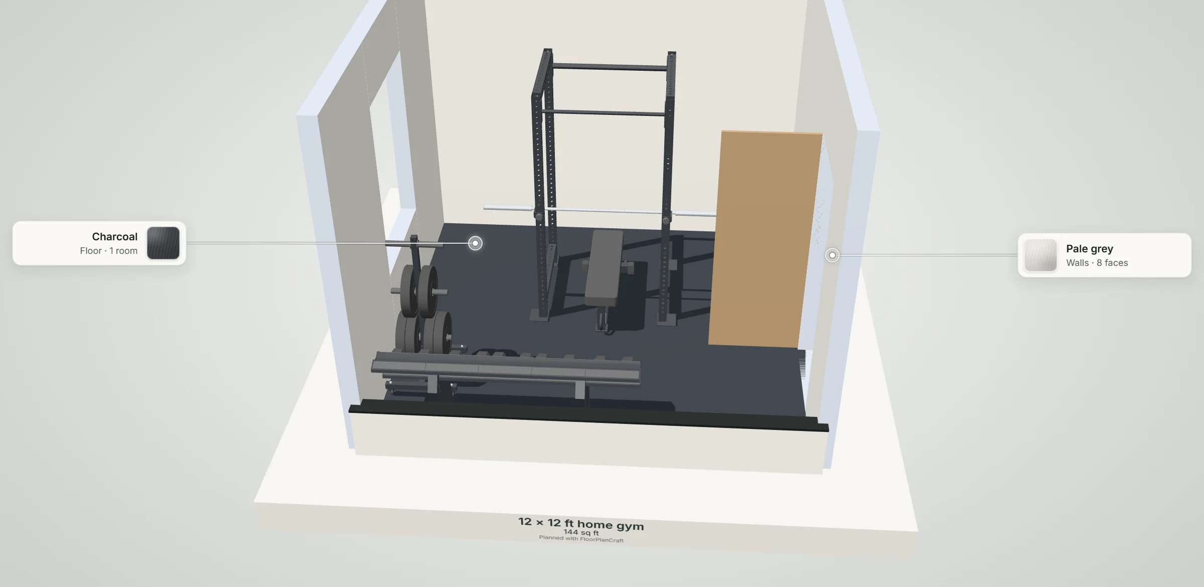 3D model of the 12 × 12 ft home gym layout: power rack, flat bench, dumbbell rack and plate tree on a dark rubber floor, with its floor and wall finishes labelled