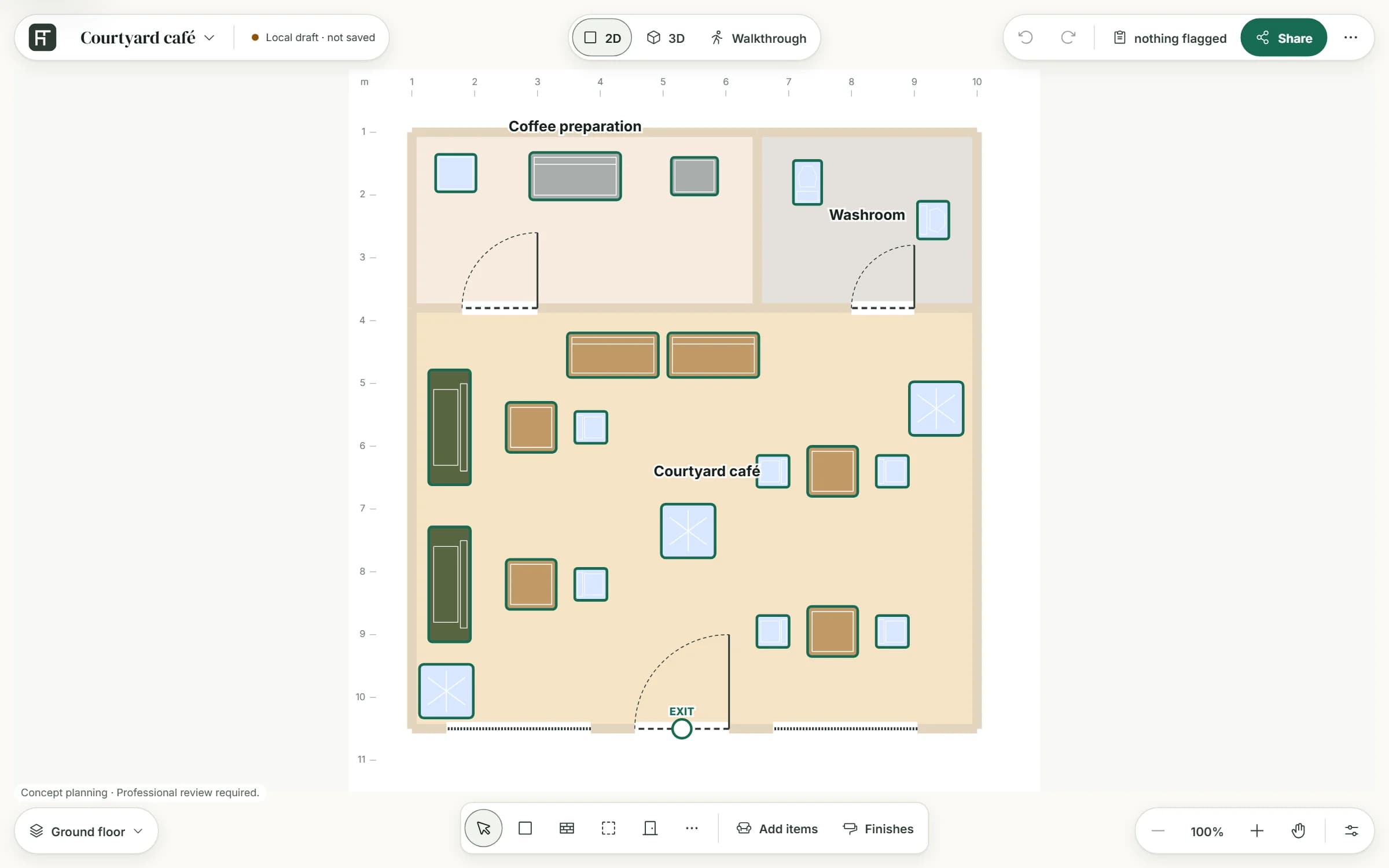 The Courtyard café template in the planner's 2D view: a coffee preparation room and a washroom along the top, a café room with a two-module service counter, two sofas, four bistro tables with chairs and three plants, and the entrance door between two windows