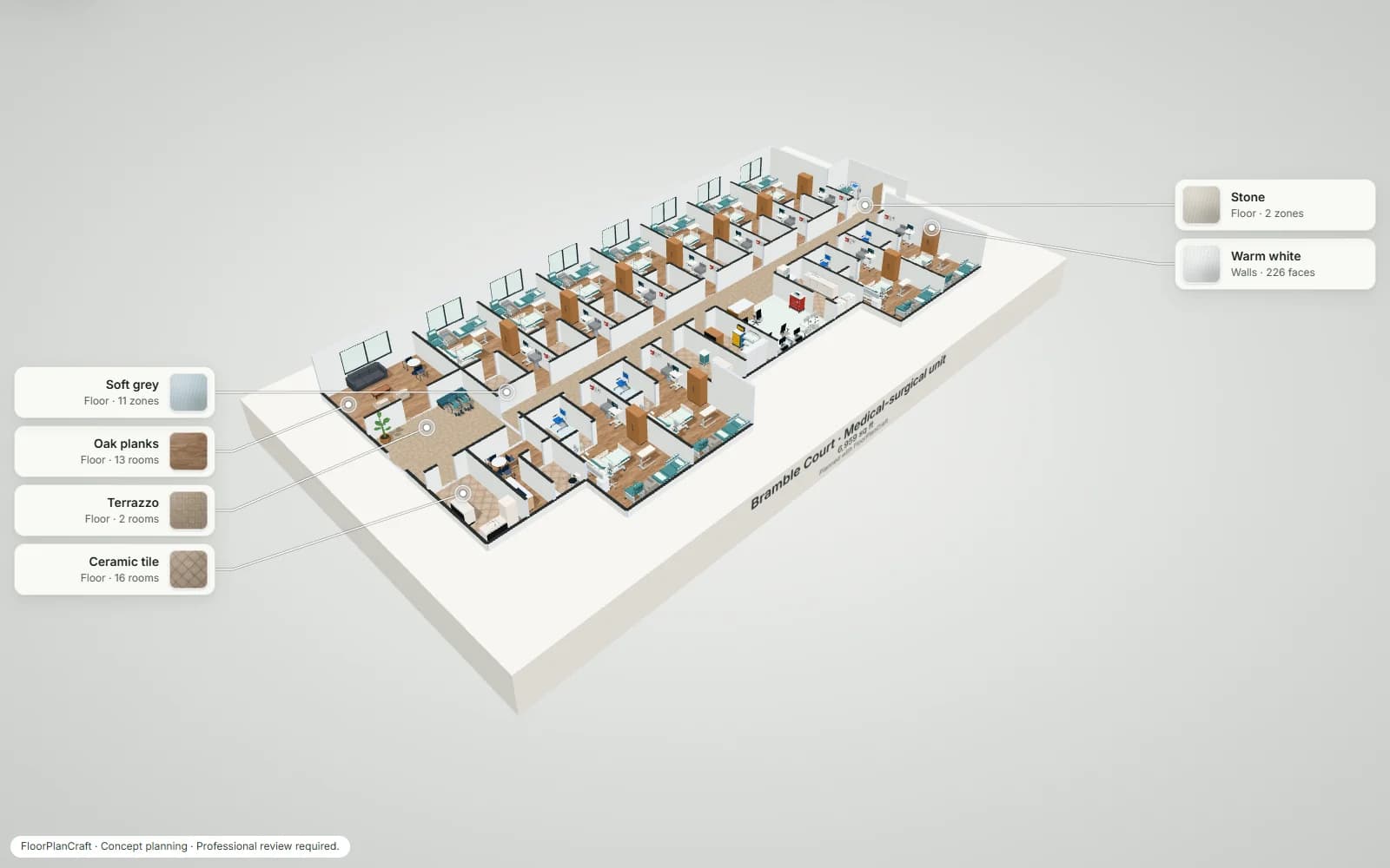 3D model of the Bramble Court medical-surgical unit template: eleven single patient rooms on a double-loaded corridor, each with a bed on its headwall, a sleeper chair and recliner by the window and its own bathroom with a shower, a central nurse station with the medication room, clean supply and soiled utility, an elevator lobby with a family lounge and a staff lounge