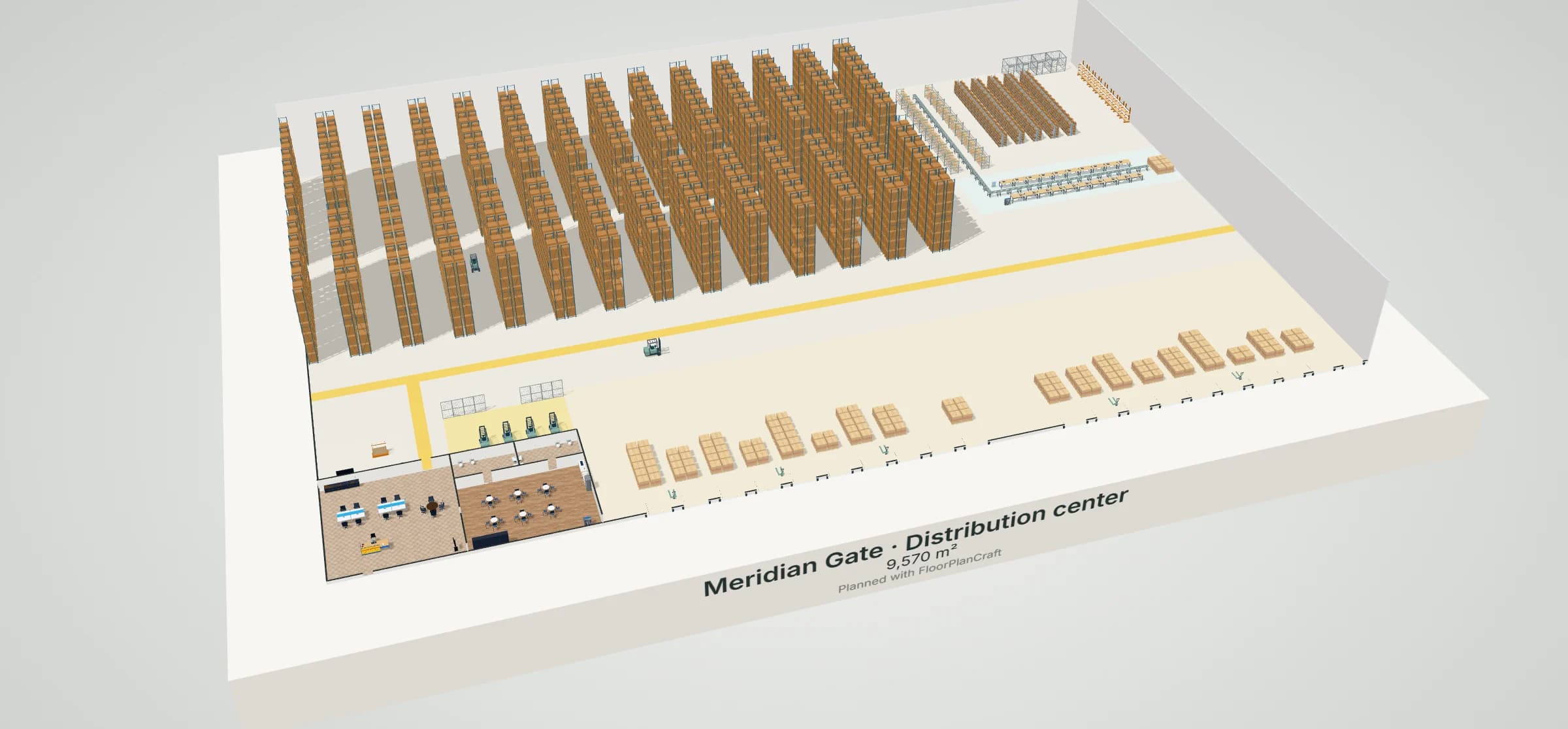 3D model of the Meridian Gate distribution center template: ten receiving and ten shipping dock doors with staging lanes of loaded pallets, rows of 36 ft high-bay pallet racking with forklift aisles under a 12 m roof, a carton-flow pick module with a roller conveyor to the packing benches, carton shelving, mesh security cages, battery charging with parked forklifts, and an office block with a break room and washrooms