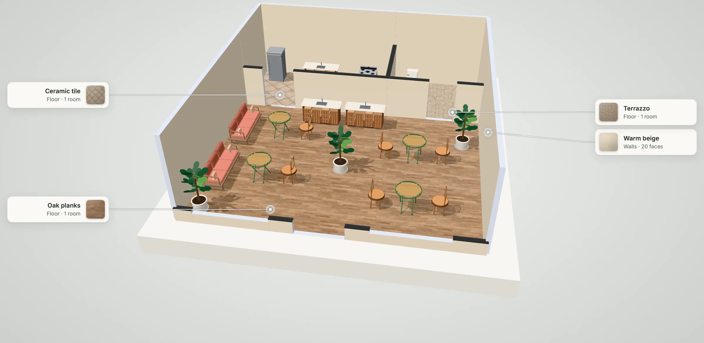 3D model of the Courtyard café template: a fluted oak service counter, four green bistro tables with cane chairs, two coral sofas along the wall, fiddle-leaf figs, a tiled coffee preparation room and a washroom, with labels naming the floor and wall finishes