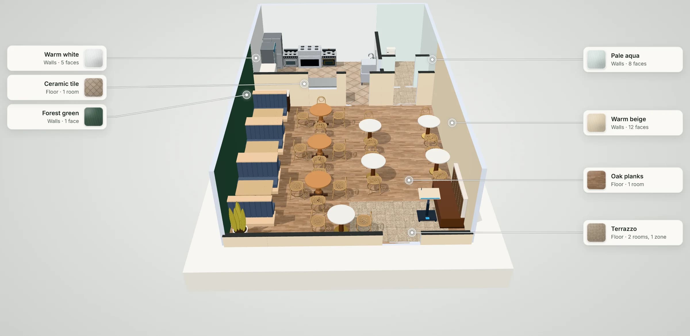 3D model of the 1,000 sq ft restaurant plan: booths, round and marble tables and a host stand in the dining room, a kitchen with a pass and one washroom across the back, with its floor and wall finishes labelled