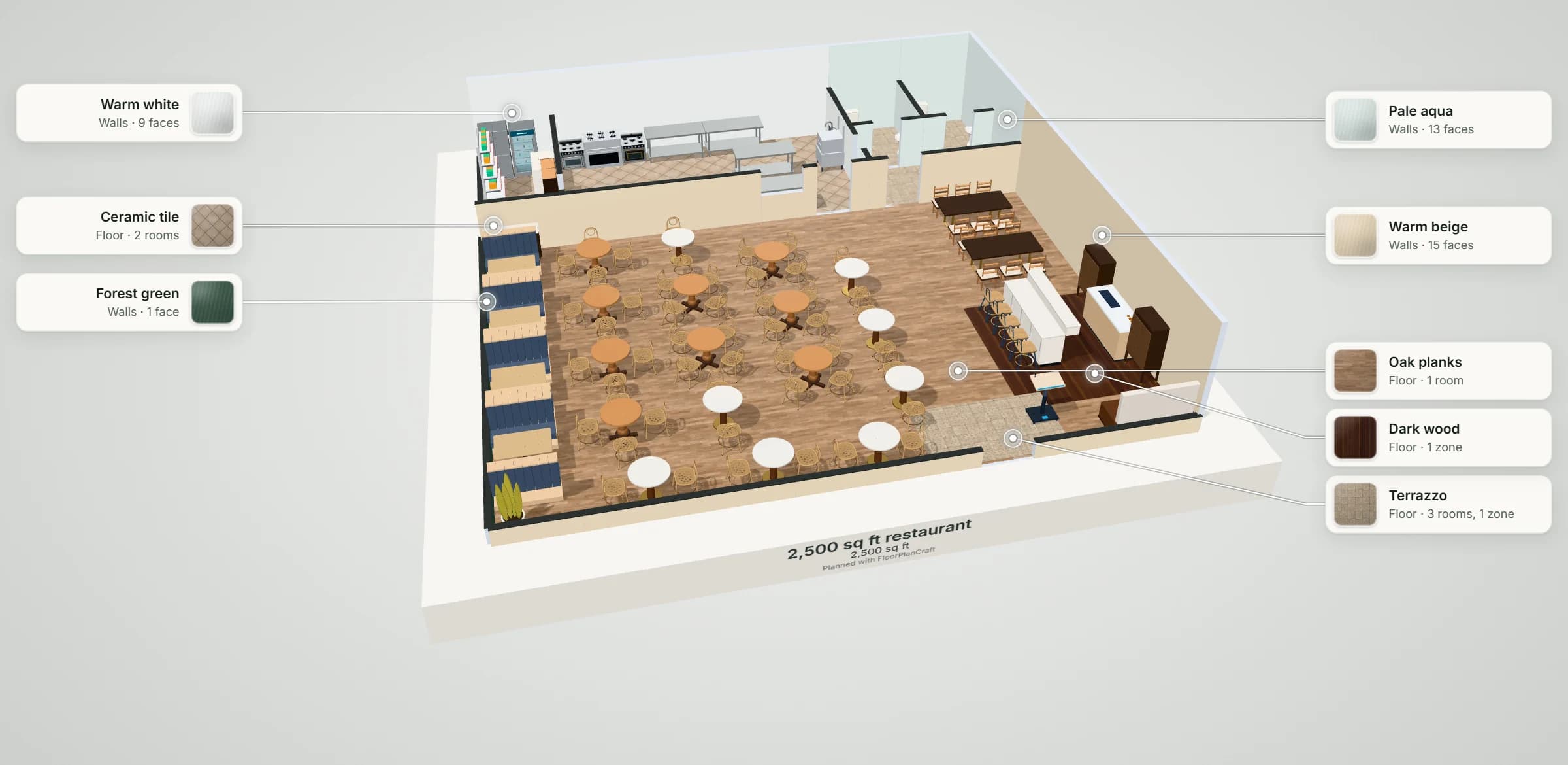 3D model of the 2,500 sq ft restaurant plan: booths, round and marble tables, a bar and a host stand in the dining room, a kitchen with a pass and two washrooms across the back, with its floor and wall finishes labelled