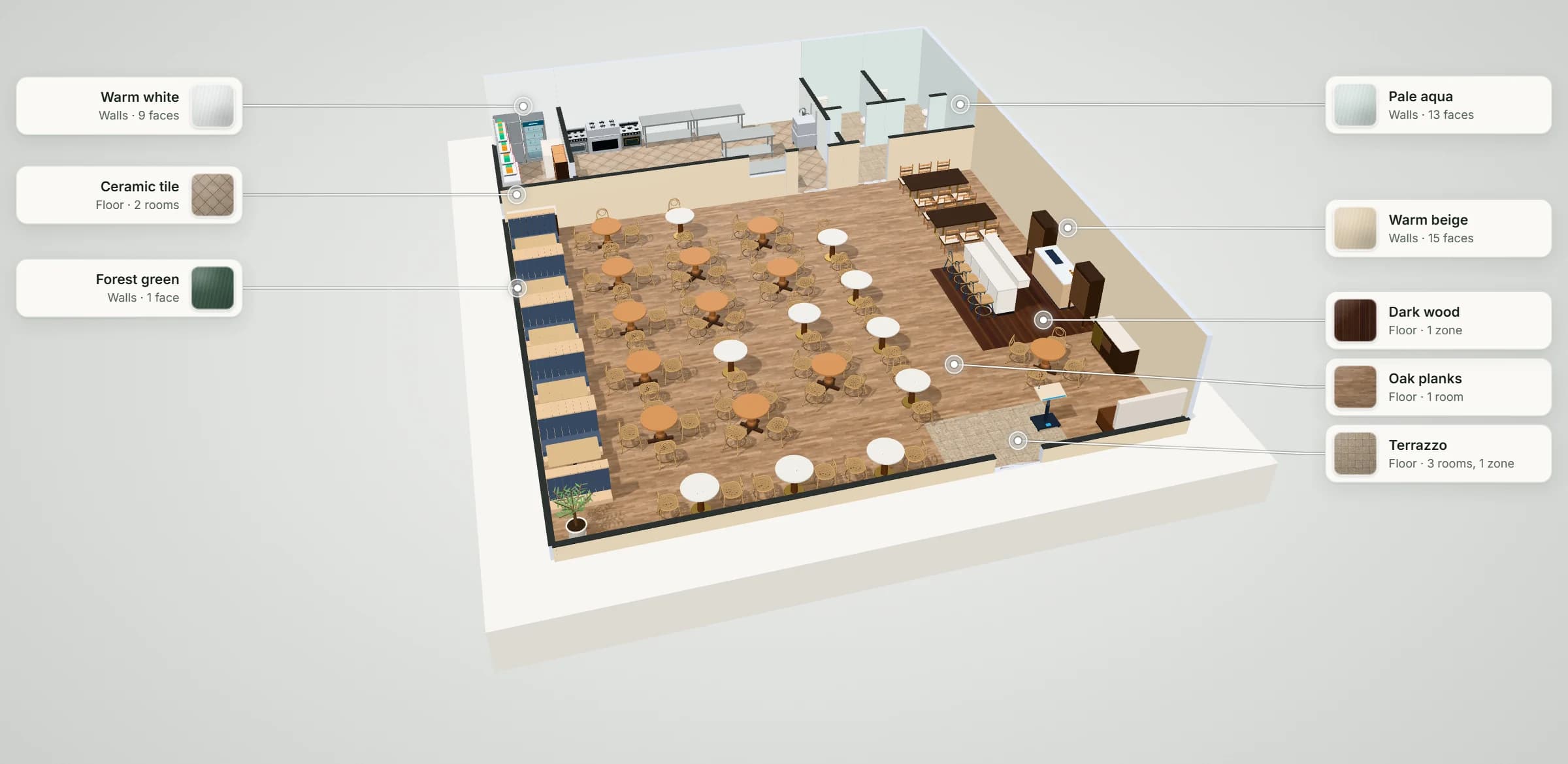 3D model of the 3,000 sq ft restaurant plan: booths, round and marble tables, a bar and a host stand in the dining room, a kitchen with a pass and two washrooms across the back, with its floor and wall finishes labelled
