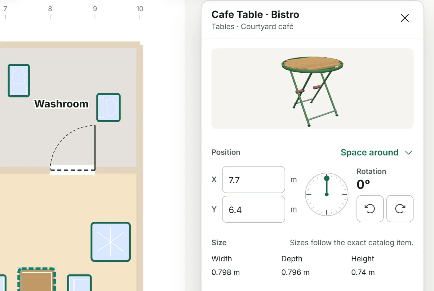 The item card for a bistro table: a picture of the folding table, its X and Y position, a rotation dial at 0 degrees with turn buttons, and its width, depth and height