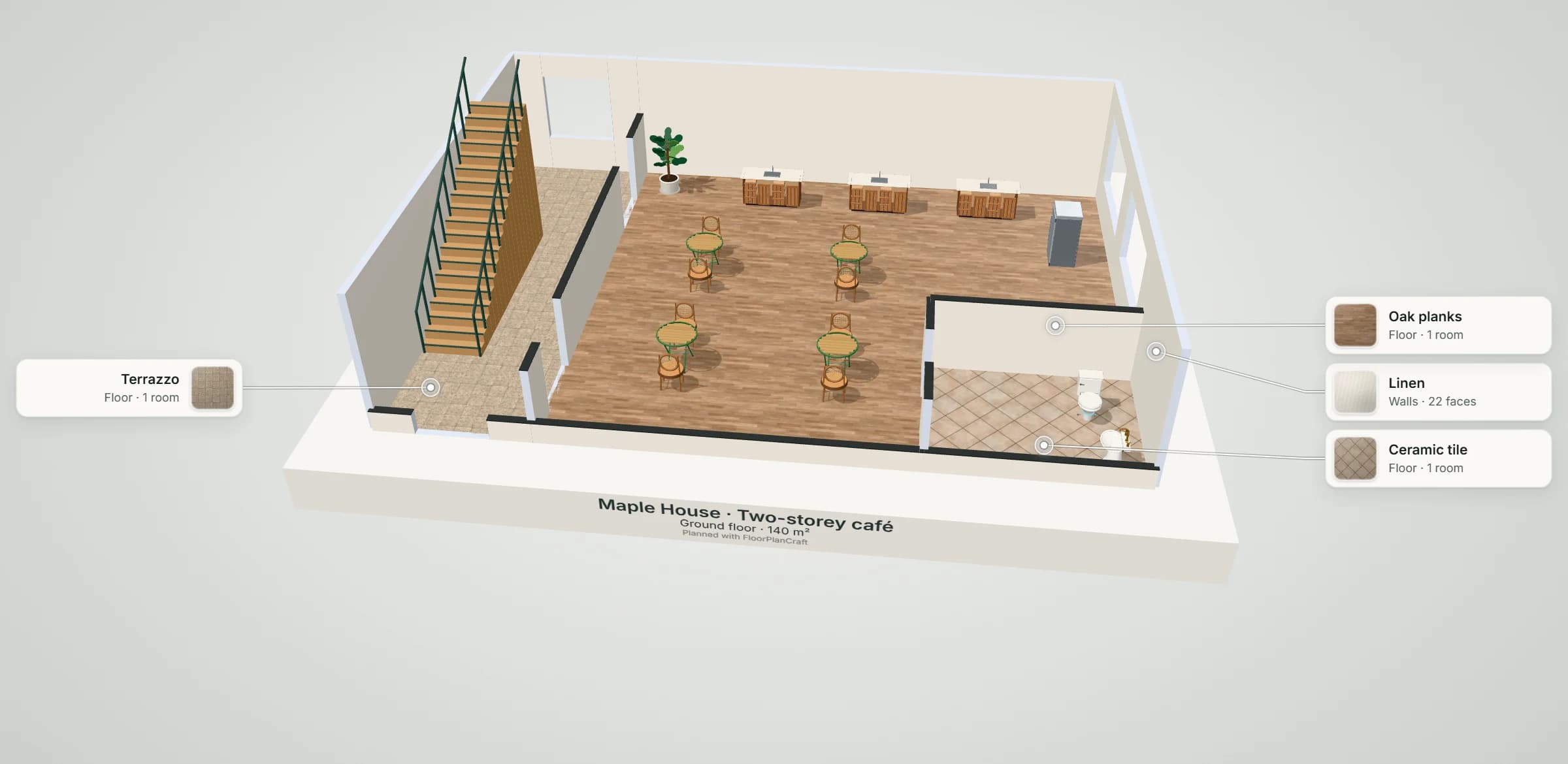 3D model of the Maple House two-storey café's ground floor: a stair in the entrance lobby, three fluted service counter modules, four bistro tables with chairs, a fridge and a tiled guest washroom