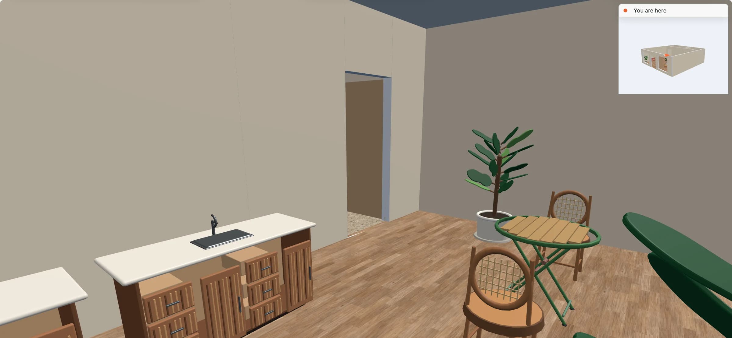 Walkthrough at eye height: the fluted service counter with its sink, the doorway to the coffee preparation room, a fiddle-leaf fig and a bistro table with two cane chairs, and a small overview map