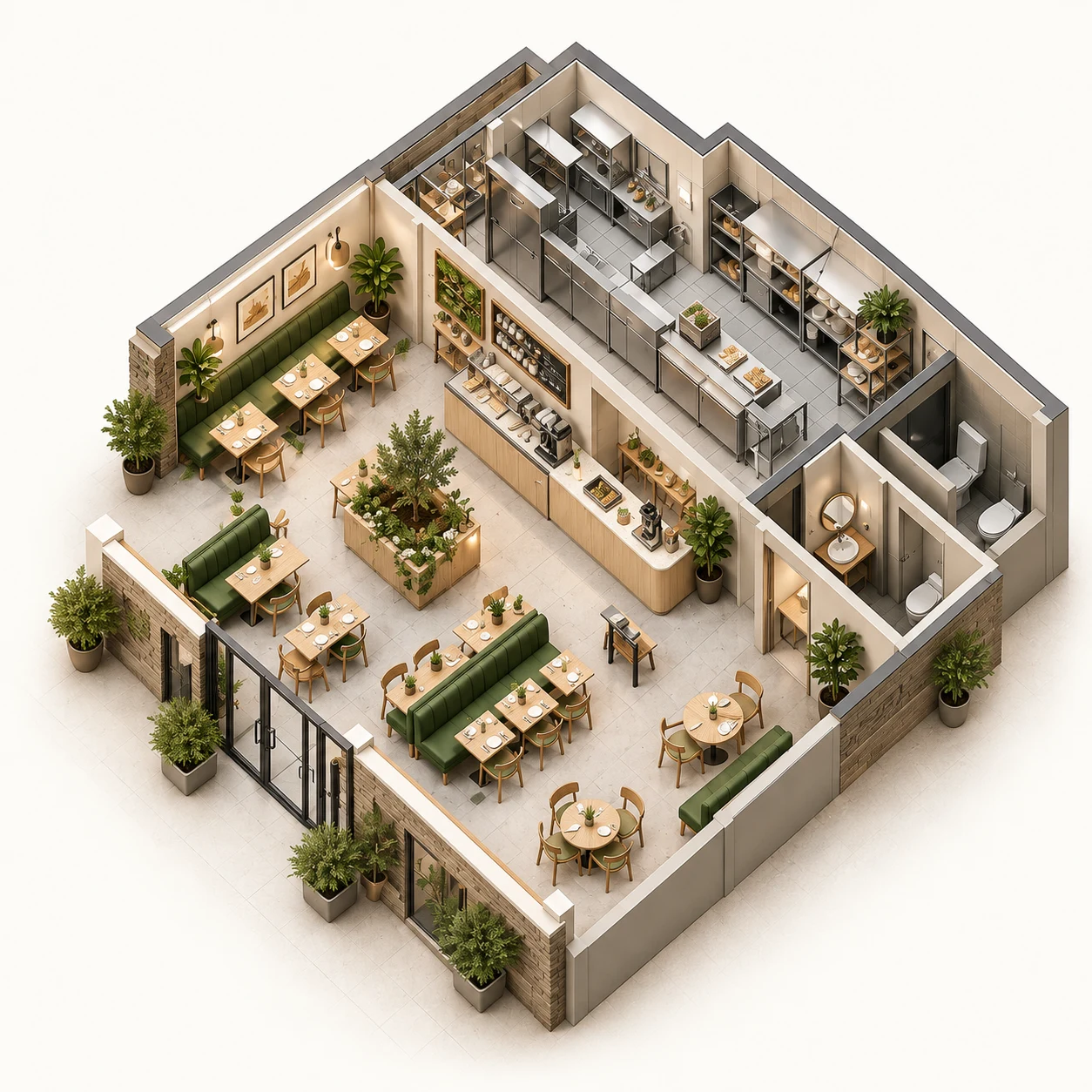 Isometric restaurant concept with olive seating, oak tables and a service kitchen