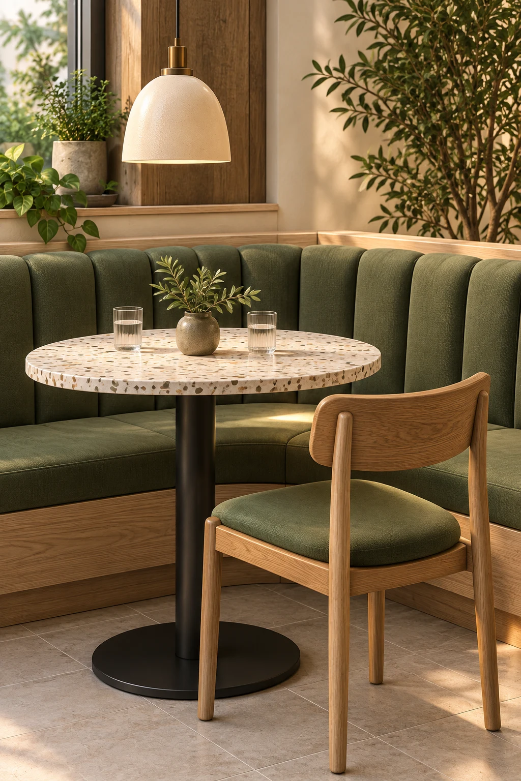Restaurant design study: olive seating, oak furniture and warm natural light