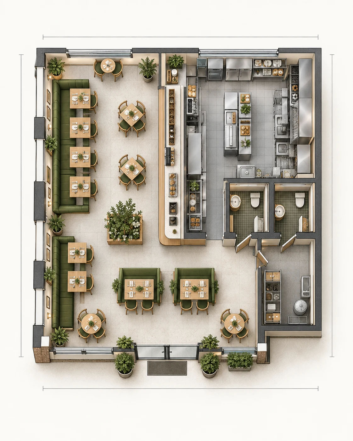 Illustrative restaurant layout with dining, service and kitchen areas